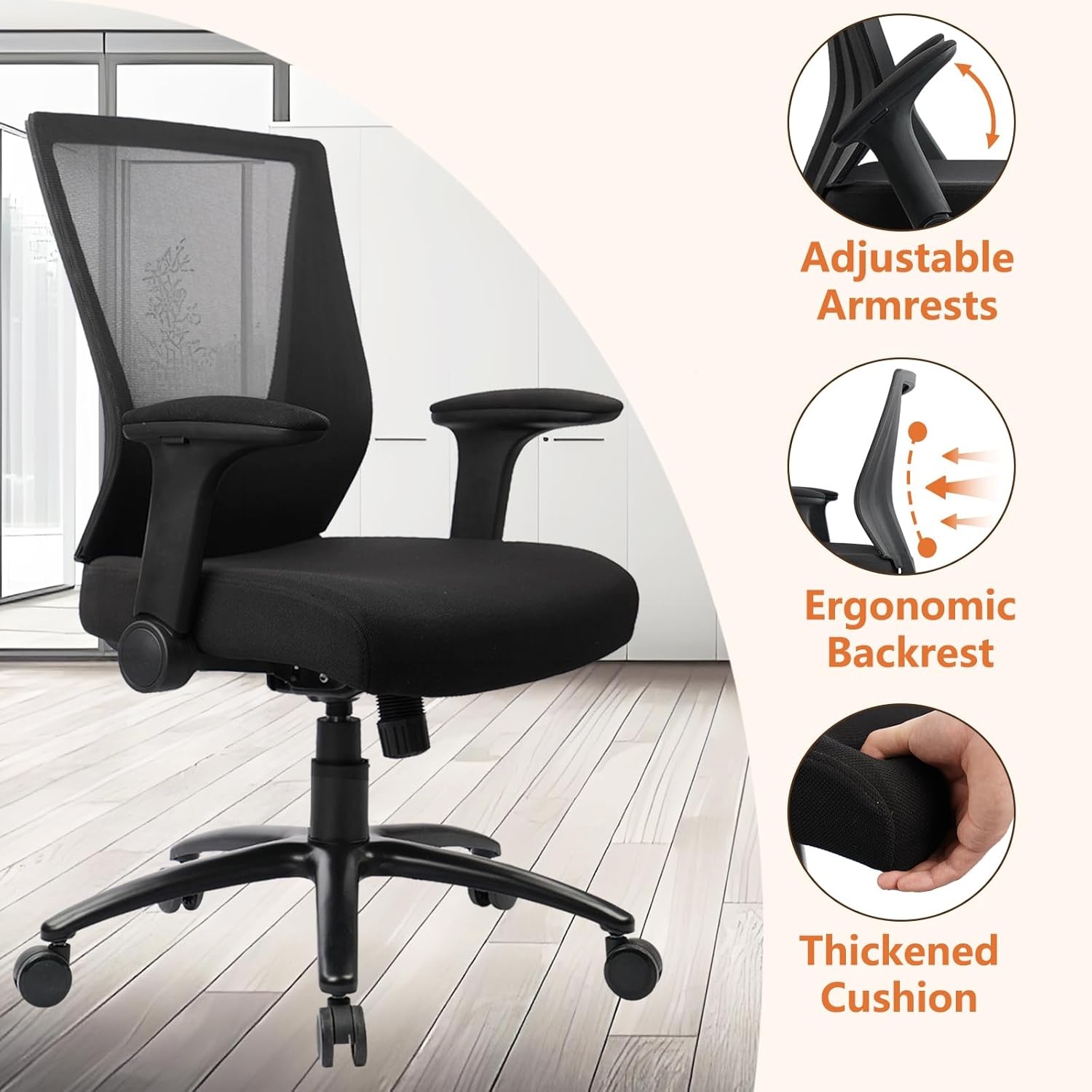 image:imageCLATINA 500lbs Big and Tall Office Chair Heavy Duty Ergonomic Mesh Desk Chairs with Wide Thick Seat Cushion and Adjustable Armrests for Home Office Conference Heavy People Black1 PackBlack