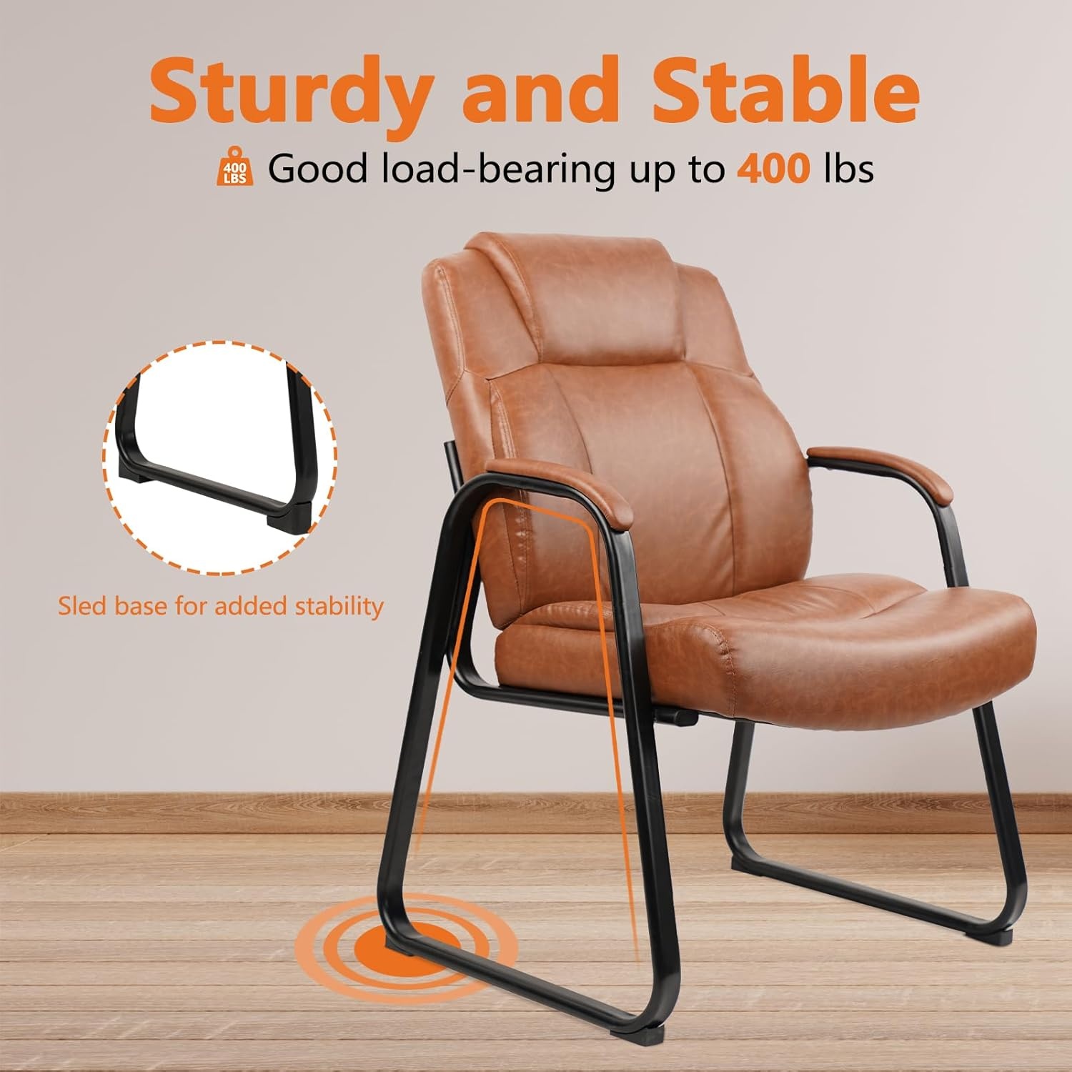 image:imageCLATINA Big amp Tall 500 lb Guest Chair PU Leather Office Reception Chairs with Sled Base Desk Chair No Wheels for Waiting Room Conference Lobby Computer Living Room BrownBrownsled Base