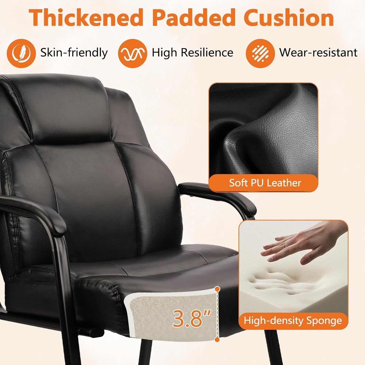 image:imageCLATINA Big amp Tall 500 lb Guest Chair PU Leather Office Reception Chairs with Sled Base Desk Chair No Wheels for Waiting Room Conference Lobby Computer Living Room BrownBlack