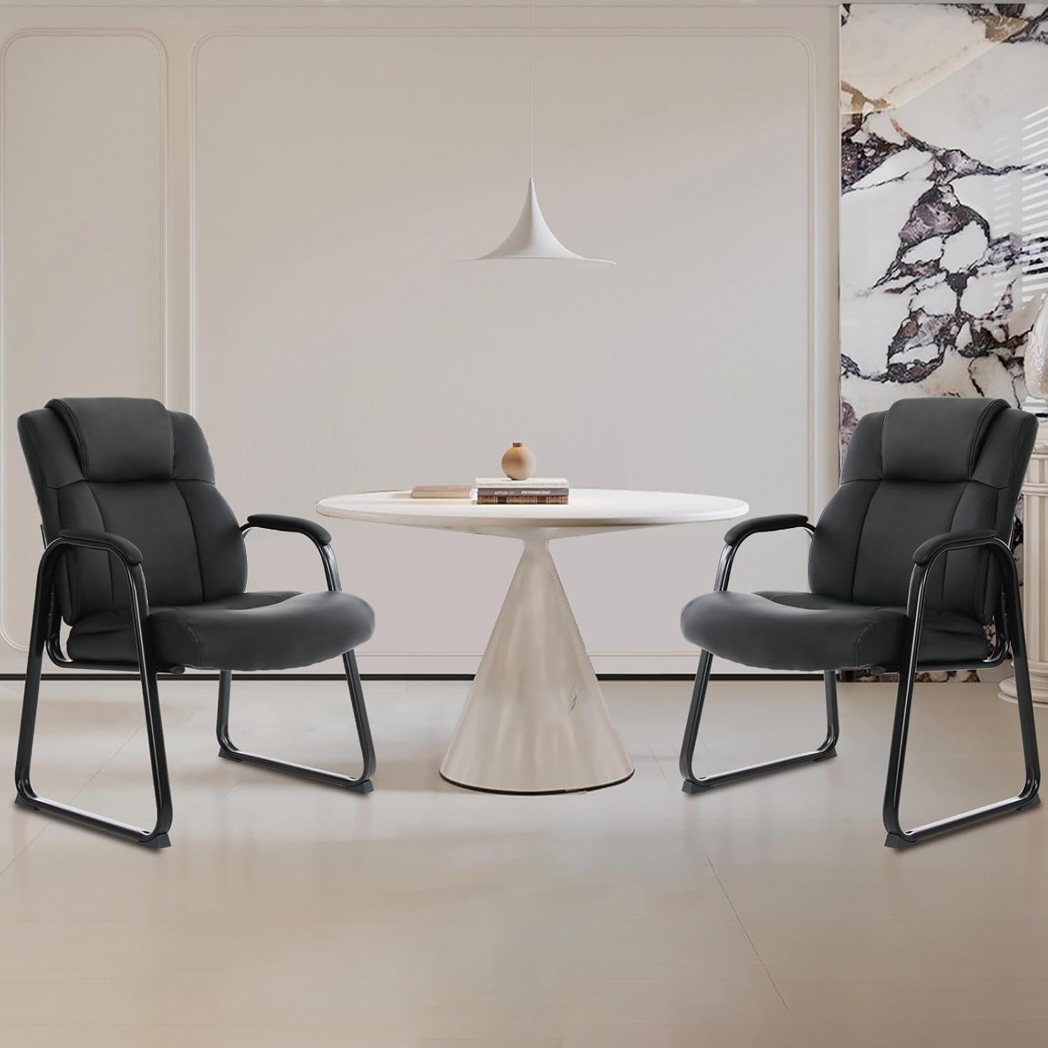 image:imageCLATINA Big amp Tall 500 lb Guest Chair PU Leather Office Reception Chairs with Sled Base Desk Chair No Wheels for Waiting Room Conference Lobby Computer Living Room BrownBlacksled Base