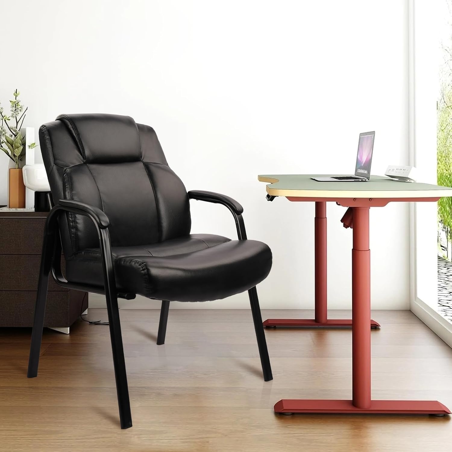 image:imageCLATINA Big amp Tall 500 lb Guest Chair PU Leather Office Reception Chairs with Sled Base Desk Chair No Wheels for Waiting Room Conference Lobby Computer Living Room BrownBlack