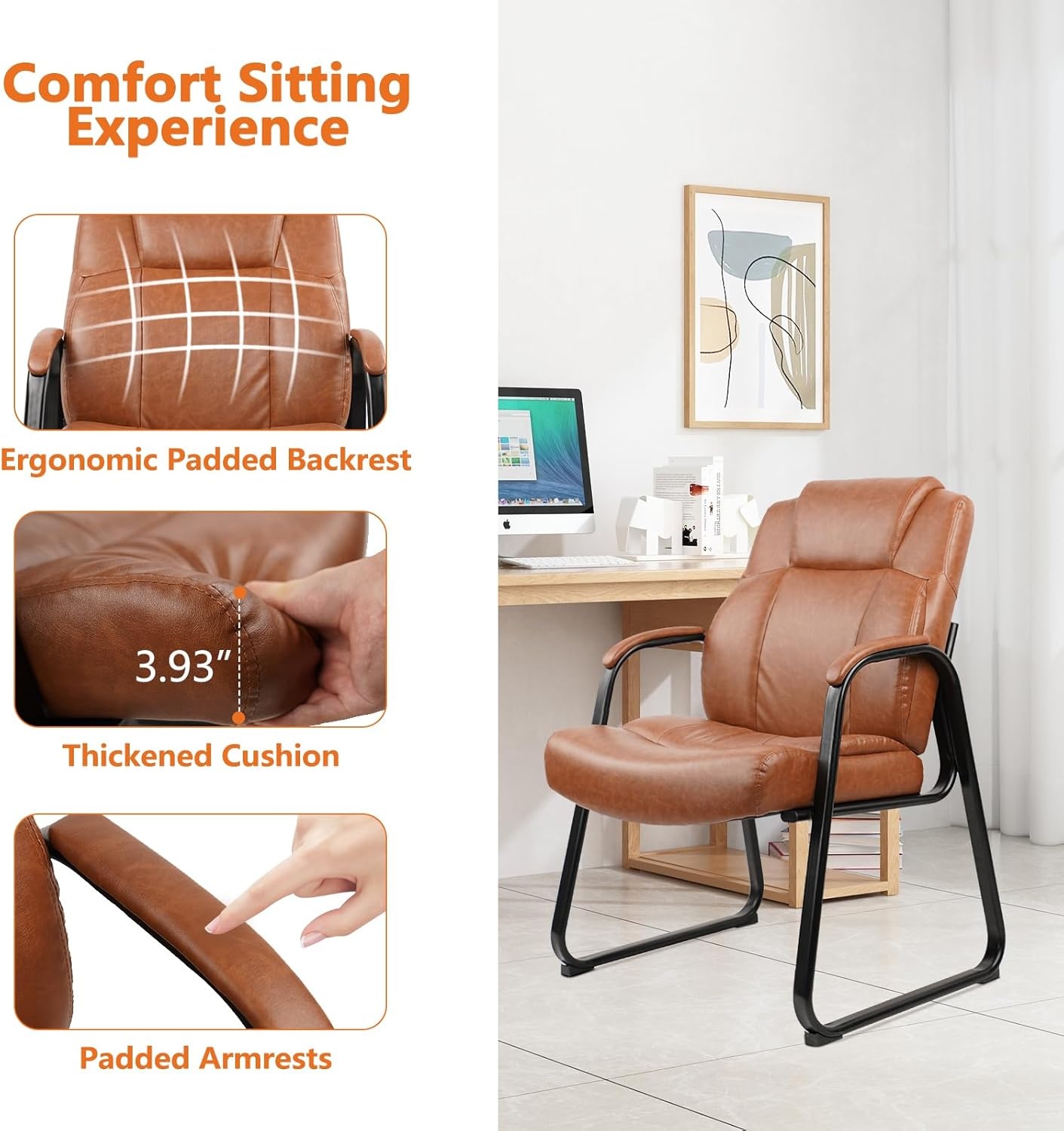 image:imageCLATINA Big amp Tall 500 lb Guest Chair PU Leather Office Reception Chairs with Sled Base Desk Chair No Wheels for Waiting Room Conference Lobby Computer Living Room BrownBrownsled Base