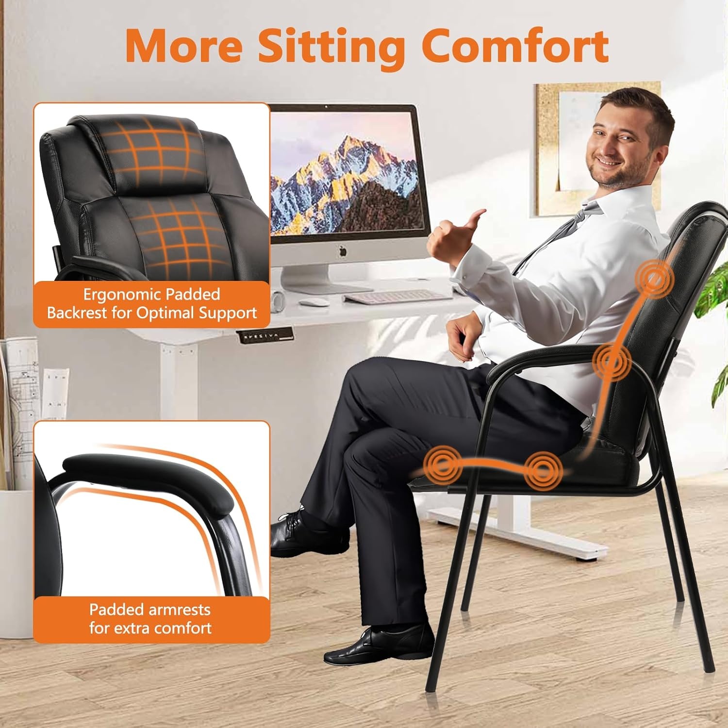 image:imageCLATINA Big amp Tall 500 lb Guest Chair PU Leather Office Reception Chairs with Sled Base Desk Chair No Wheels for Waiting Room Conference Lobby Computer Living Room BrownBlack