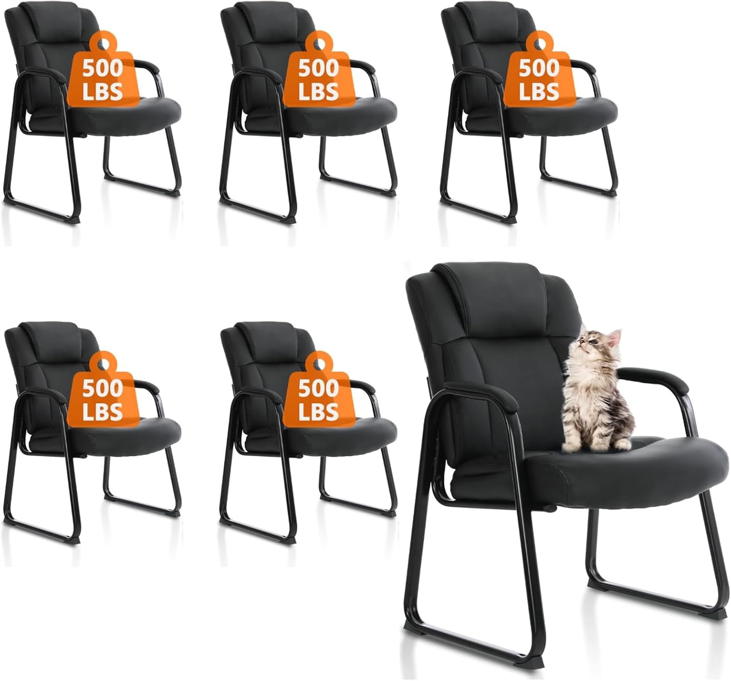 image:imageCLATINA Big amp Tall 500 lb Guest Chair PU Leather Office Reception Chairs with Sled Base Desk Chair No Wheels for Waiting Room Conference Lobby Computer Living Room BrownBlacksled Base
