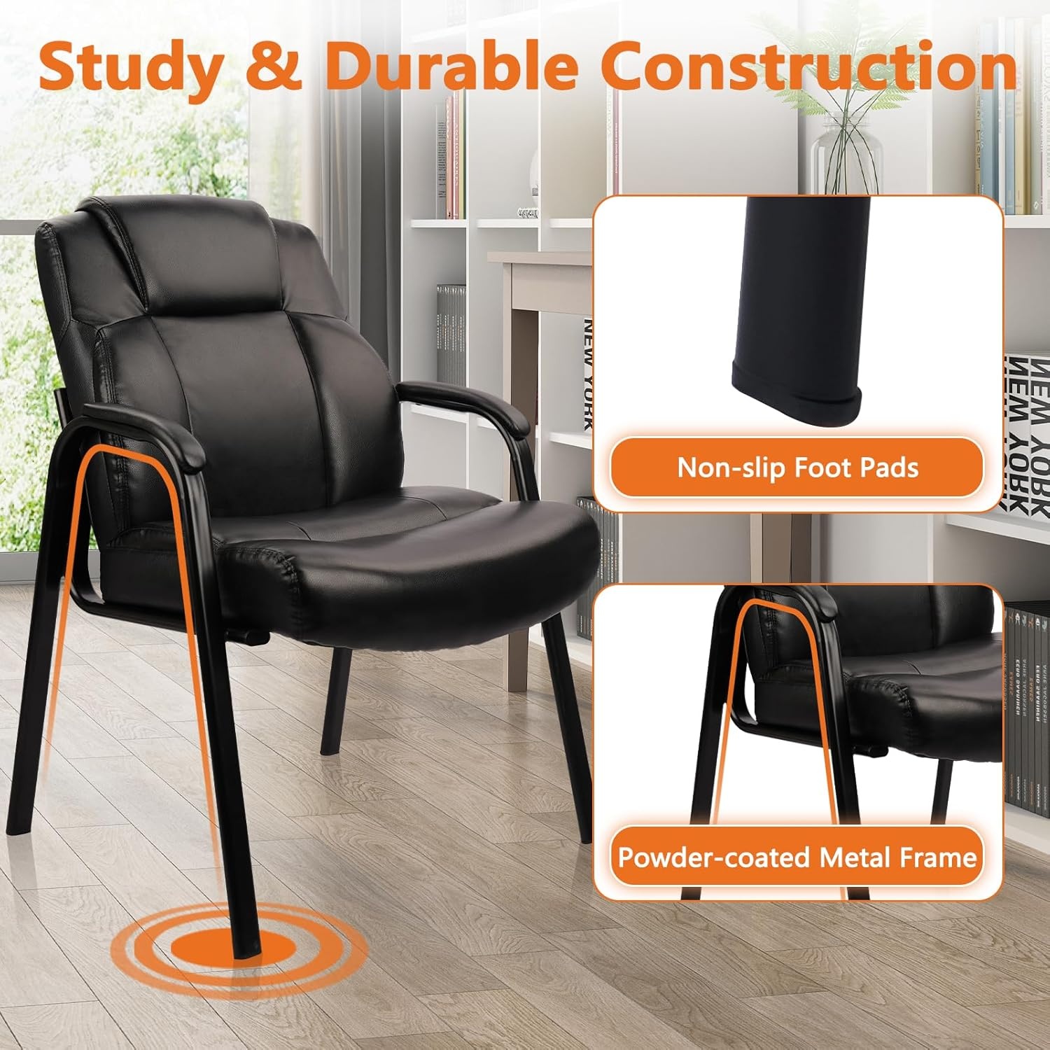 image:imageCLATINA Big amp Tall 500 lb Guest Chair PU Leather Office Reception Chairs with Sled Base Desk Chair No Wheels for Waiting Room Conference Lobby Computer Living Room BrownBlack