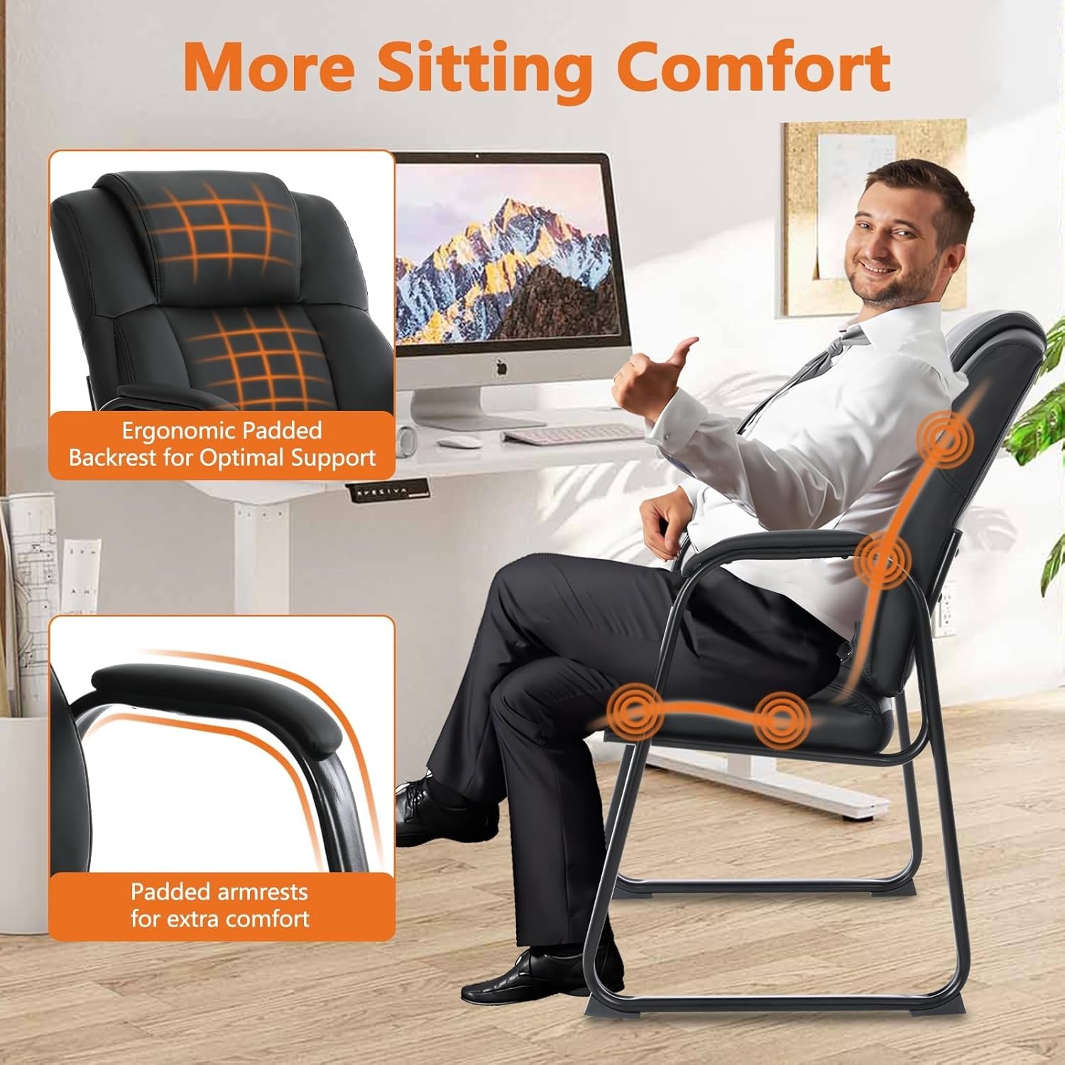image:imageCLATINA Big amp Tall 500 lb Guest Chair PU Leather Office Reception Chairs with Sled Base Desk Chair No Wheels for Waiting Room Conference Lobby Computer Living Room BrownBlacksled Base