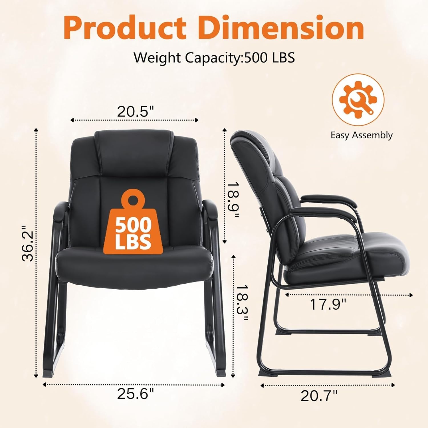 image:imageCLATINA Big amp Tall 500 lb Guest Chair PU Leather Office Reception Chairs with Sled Base Desk Chair No Wheels for Waiting Room Conference Lobby Computer Living Room BrownBlacksled Base