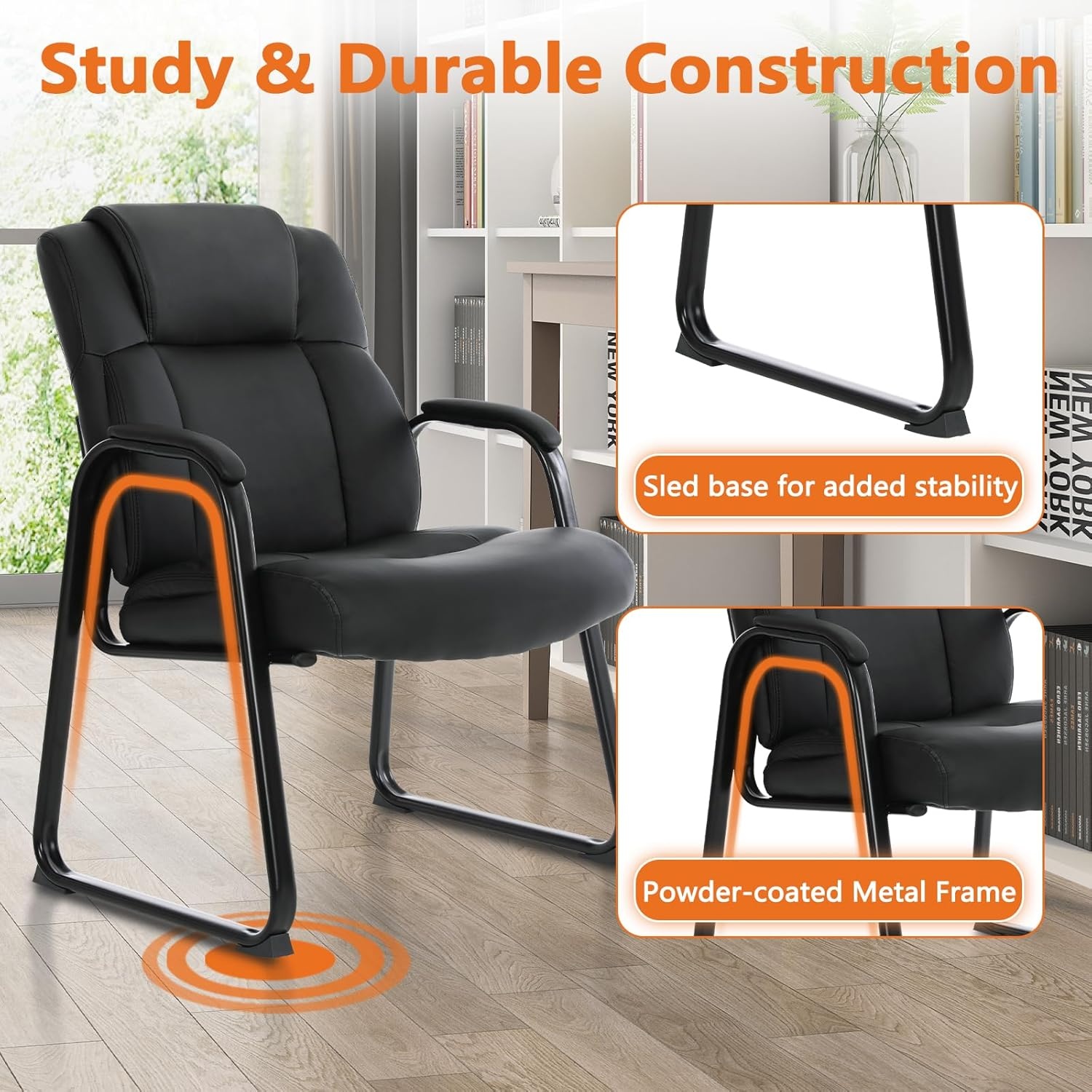 image:imageCLATINA Big amp Tall 500 lb Guest Chair PU Leather Office Reception Chairs with Sled Base Desk Chair No Wheels for Waiting Room Conference Lobby Computer Living Room BrownBlacksled Base