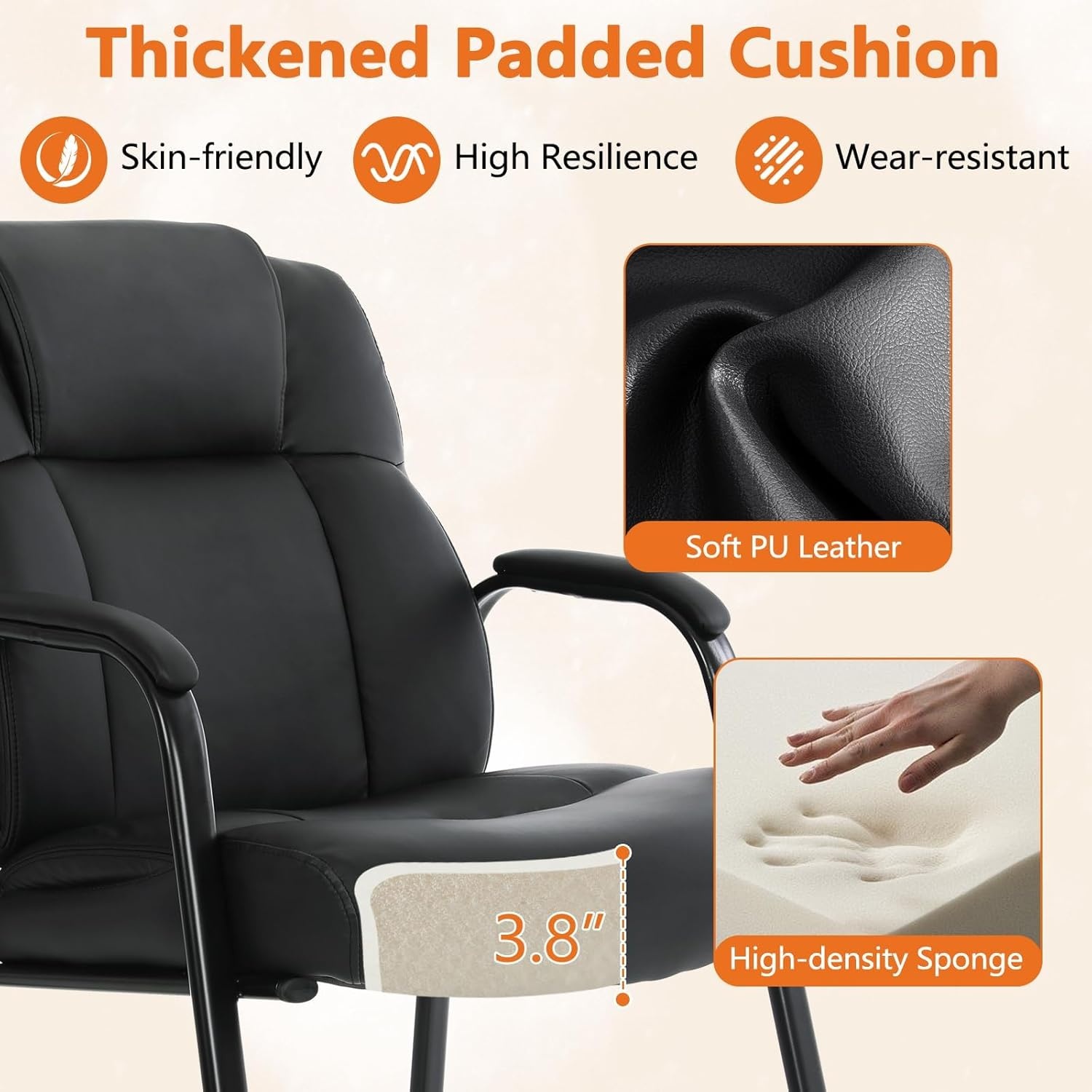 image:imageCLATINA Big amp Tall 500 lb Guest Chair PU Leather Office Reception Chairs with Sled Base Desk Chair No Wheels for Waiting Room Conference Lobby Computer Living Room BrownBlacksled Base