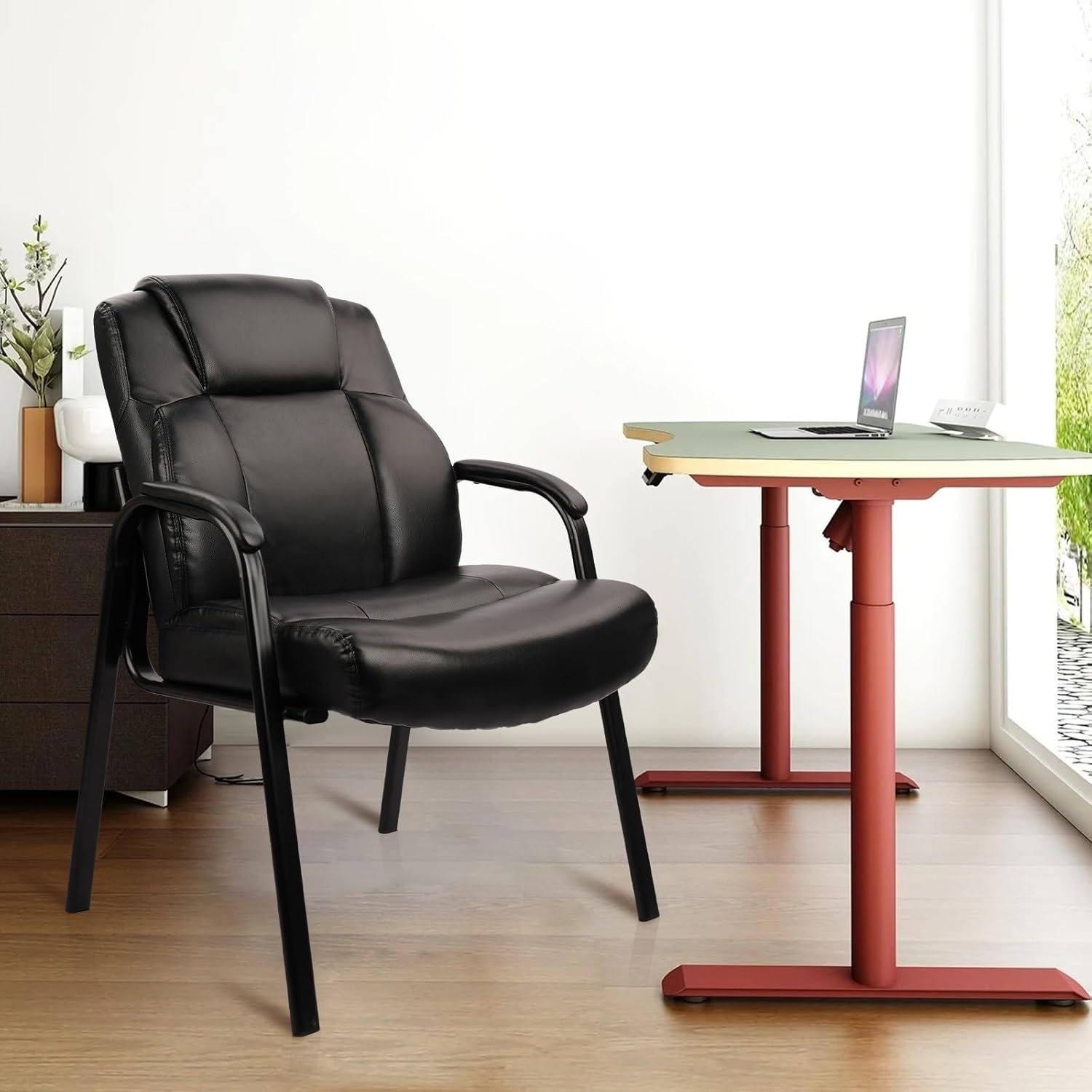 image:imageCLATINA Big amp Tall 500 lb Guest Chair PU Leather Office Reception Chairs with Sled Base Desk Chair No Wheels for Waiting Room Conference Lobby Computer Living Room BrownBlack
