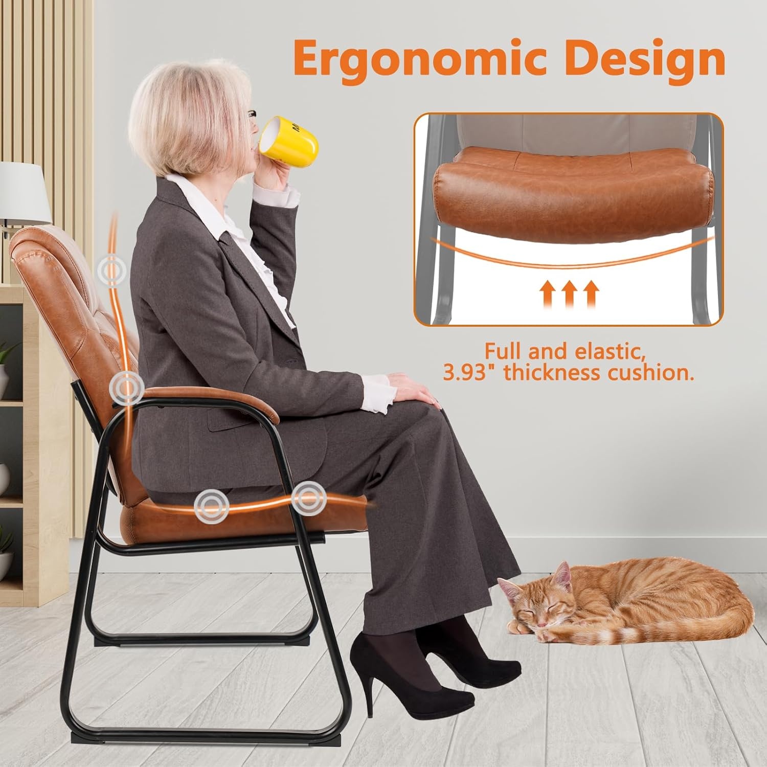image:imageCLATINA Big amp Tall 500 lb Guest Chair PU Leather Office Reception Chairs with Sled Base Desk Chair No Wheels for Waiting Room Conference Lobby Computer Living Room BrownBrownsled Base