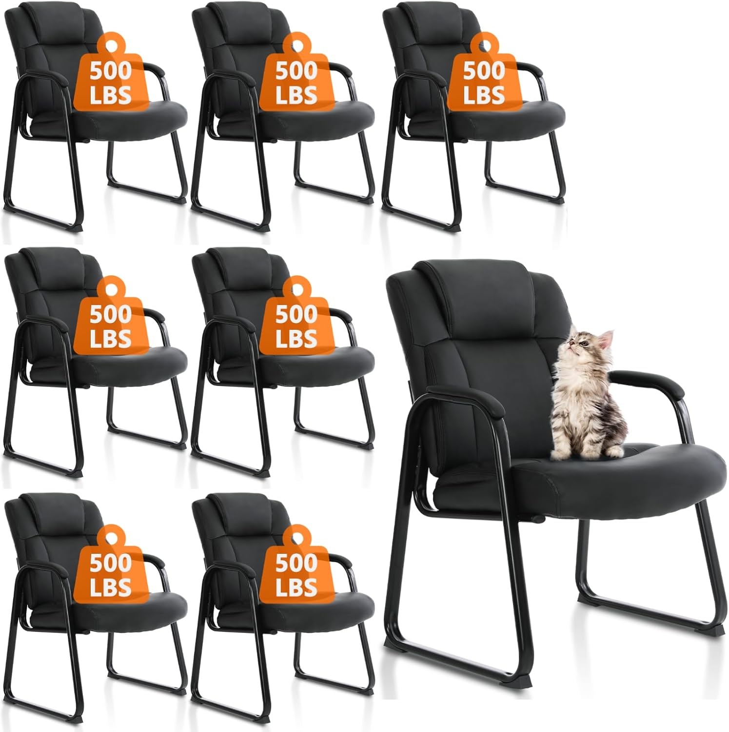 image:imageCLATINA Big amp Tall 500 lb Guest Chair PU Leather Office Reception Chairs with Sled Base Desk Chair No Wheels for Waiting Room Conference Lobby Computer Living Room BrownBlacksled Base
