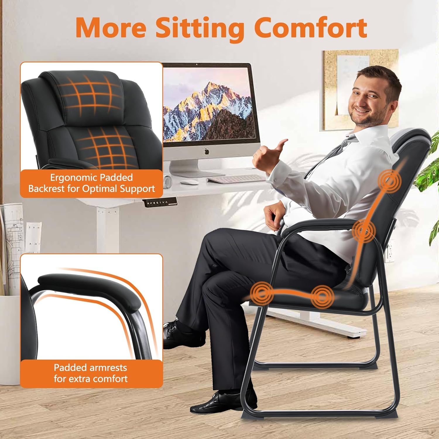 image:imageCLATINA Big amp Tall 500 lb Guest Chair PU Leather Office Reception Chairs with Sled Base Desk Chair No Wheels for Waiting Room Conference Lobby Computer Living Room BrownBlacksled Base