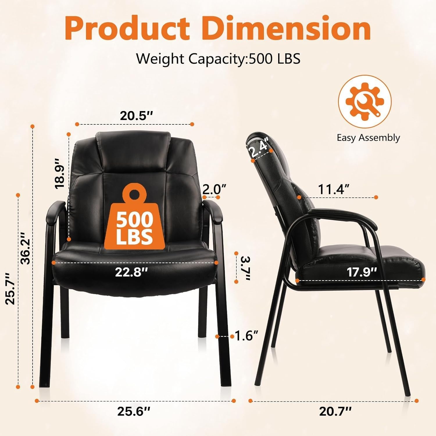 image:imageCLATINA Big amp Tall 500 lb Guest Chair PU Leather Office Reception Chairs with Sled Base Desk Chair No Wheels for Waiting Room Conference Lobby Computer Living Room BrownBlack