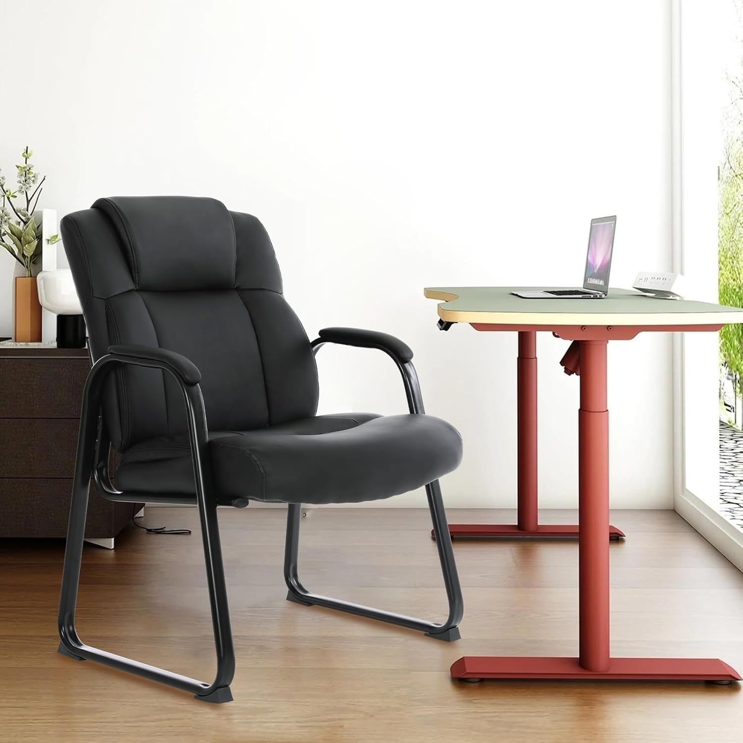image:imageCLATINA Big amp Tall 500 lb Guest Chair PU Leather Office Reception Chairs with Sled Base Desk Chair No Wheels for Waiting Room Conference Lobby Computer Living Room BrownBlacksled Base