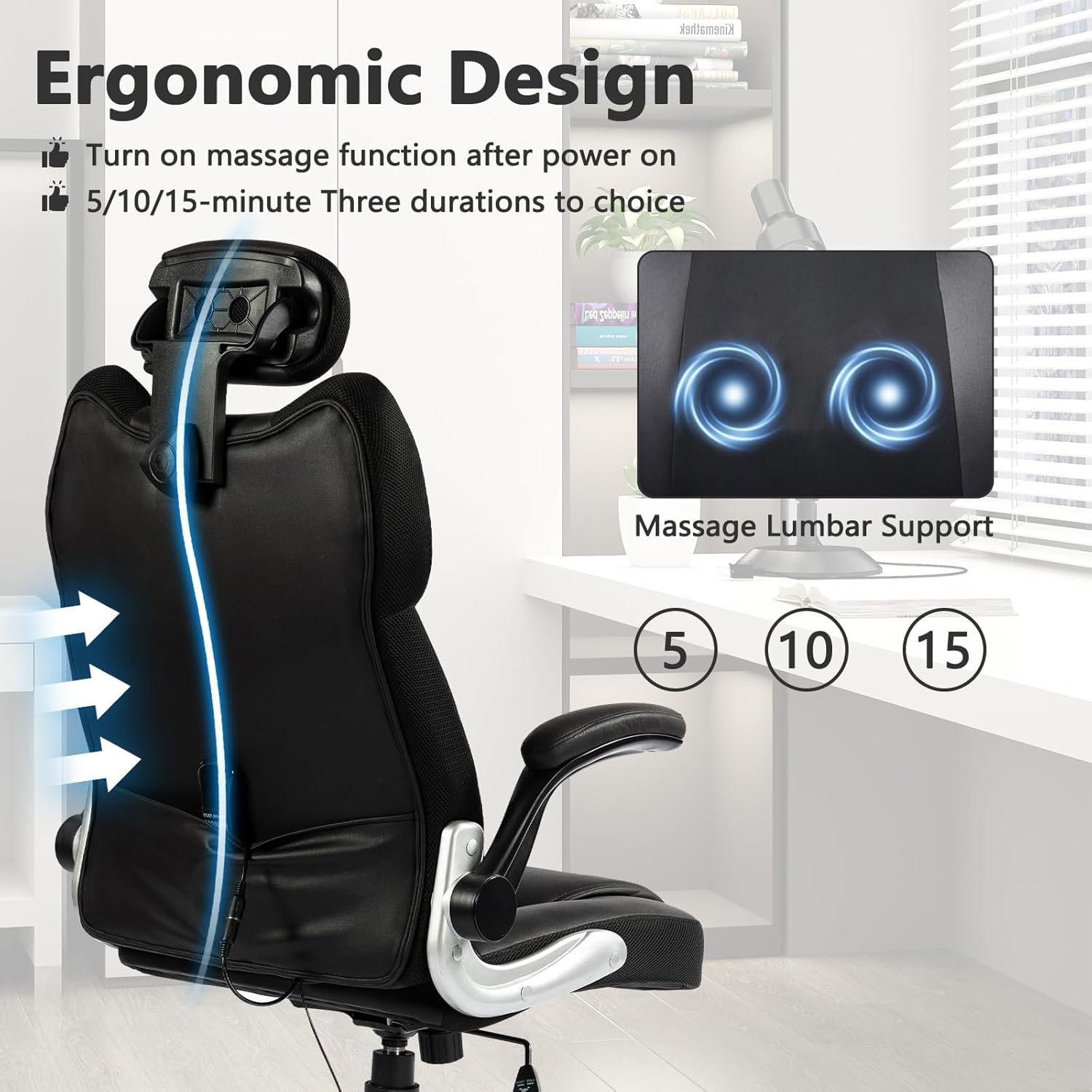 image:imageCLATINA Big and Tall Massage Home Office Chair 500 LBS High Back Leather Ergonomic Executive Chair with Lumbar Support and Flipup Arms Heavy Duty Computer Desk Chair with Heat Function Black
