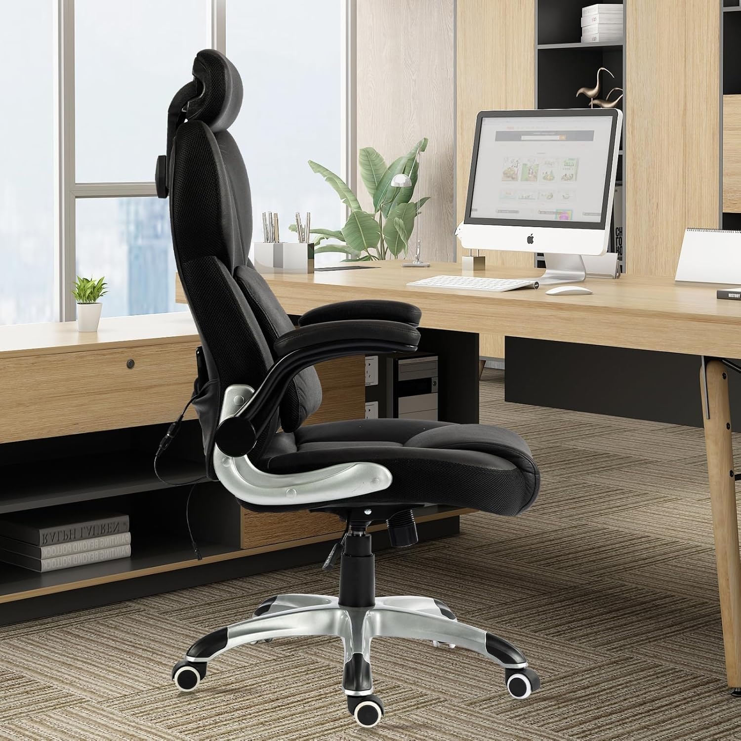 image:imageCLATINA Big and Tall Massage Home Office Chair 500 LBS High Back Leather Ergonomic Executive Chair with Lumbar Support and Flipup Arms Heavy Duty Computer Desk Chair with Heat Function Black
