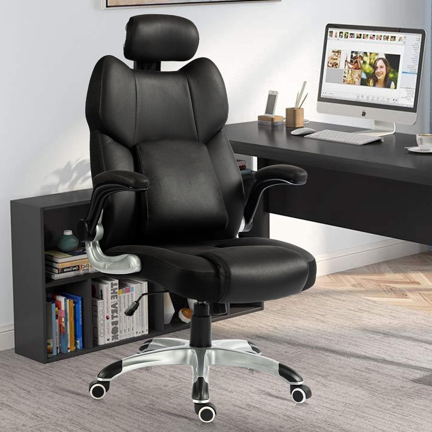 image:imageCLATINA Big and Tall Massage Home Office Chair 500 LBS High Back Leather Ergonomic Executive Chair with Lumbar Support and Flipup Arms Heavy Duty Computer Desk Chair with Heat Function Black