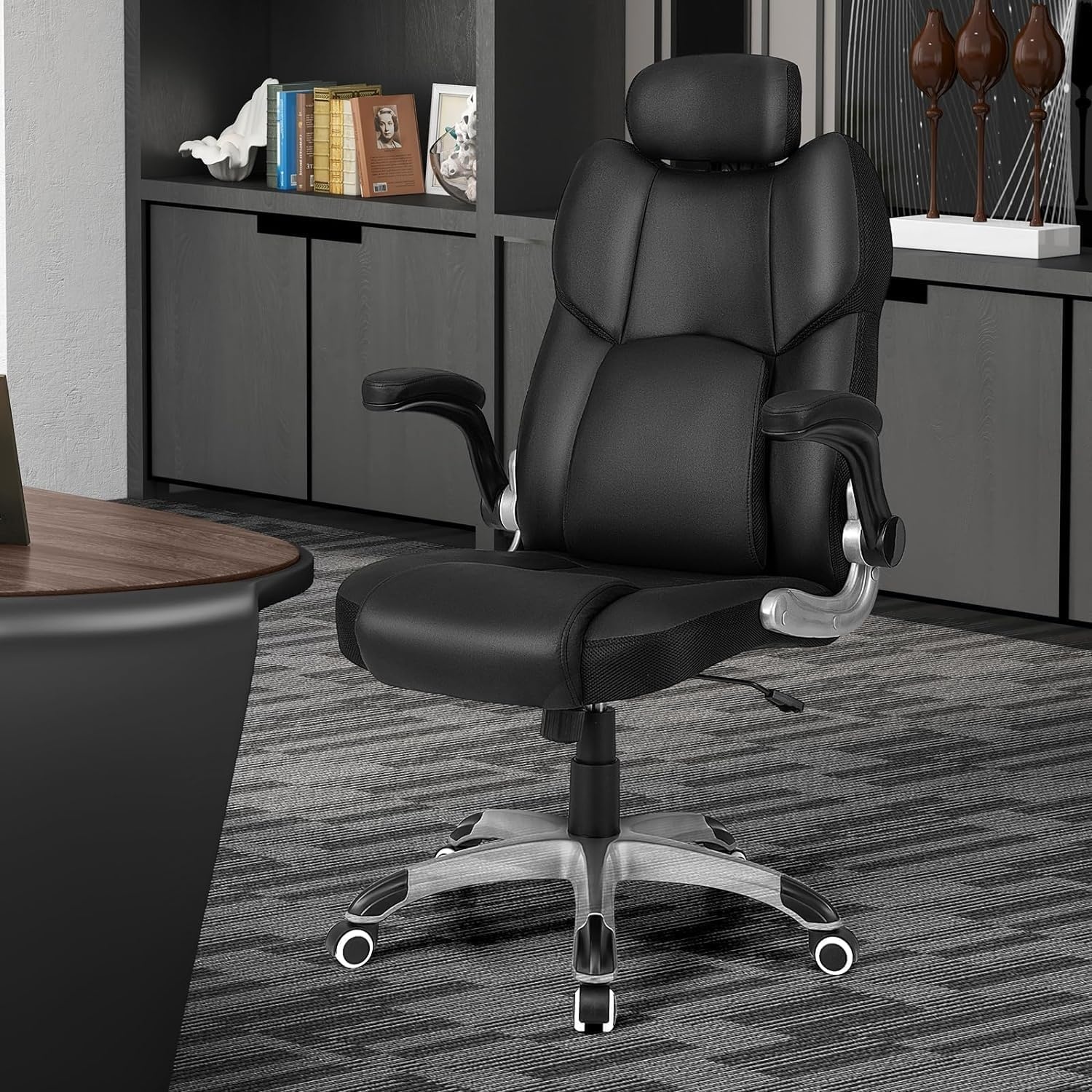 image:imageCLATINA Big and Tall Massage Home Office Chair 500 LBS High Back Leather Ergonomic Executive Chair with Lumbar Support and Flipup Arms Heavy Duty Computer Desk Chair with Heat Function Black