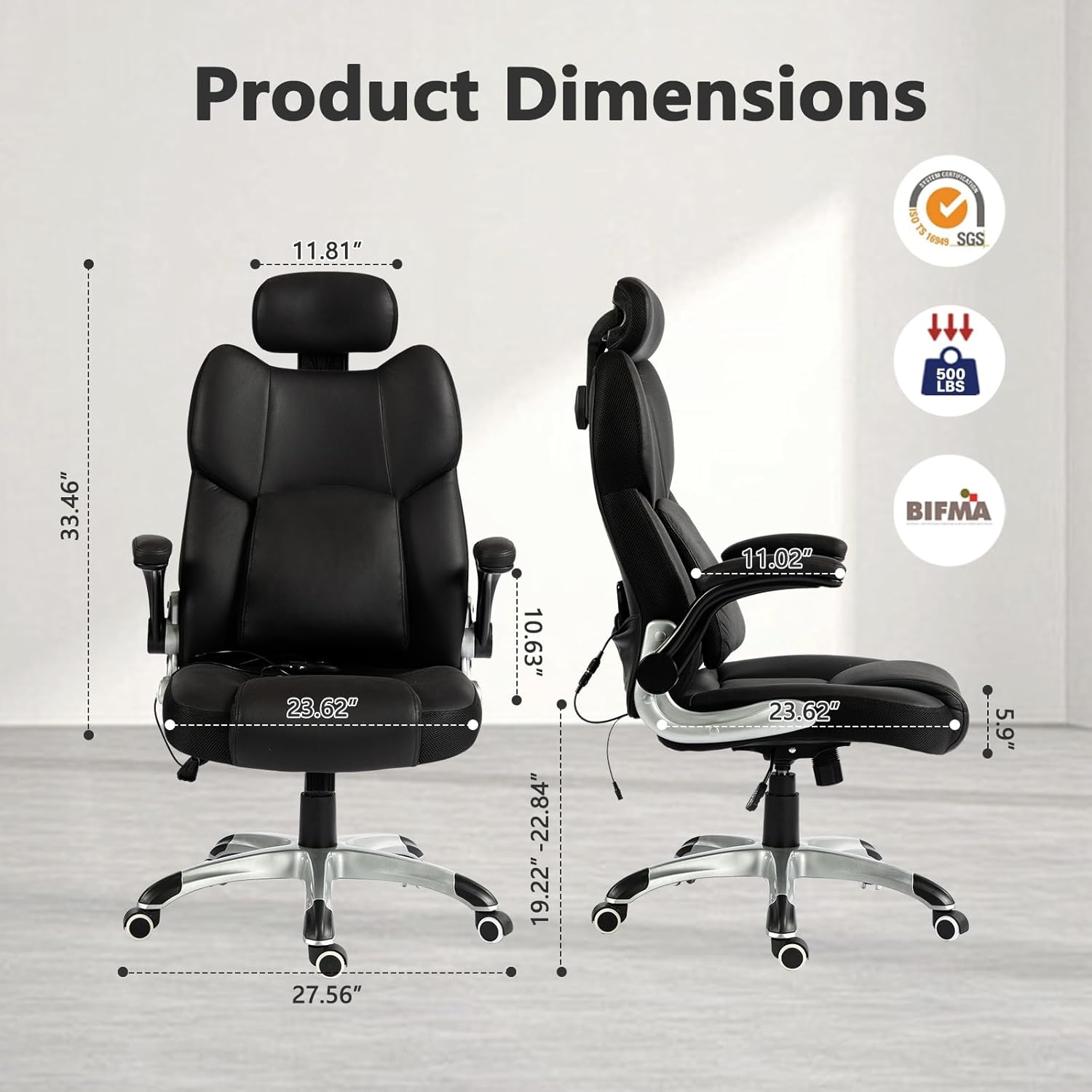 image:imageCLATINA Big and Tall Massage Home Office Chair 500 LBS High Back Leather Ergonomic Executive Chair with Lumbar Support and Flipup Arms Heavy Duty Computer Desk Chair with Heat Function Black