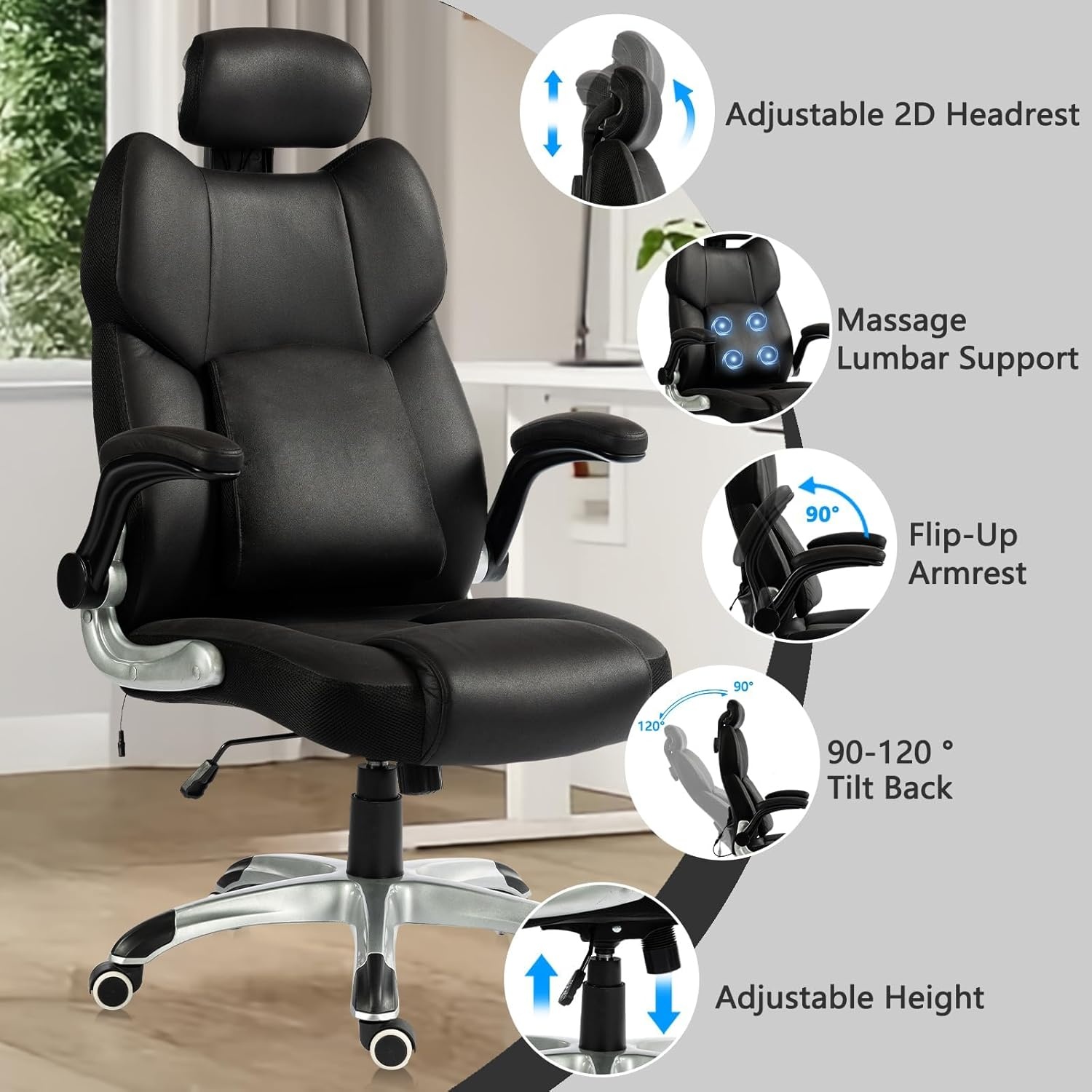 image:imageCLATINA Big and Tall Massage Home Office Chair 500 LBS High Back Leather Ergonomic Executive Chair with Lumbar Support and Flipup Arms Heavy Duty Computer Desk Chair with Heat Function Black