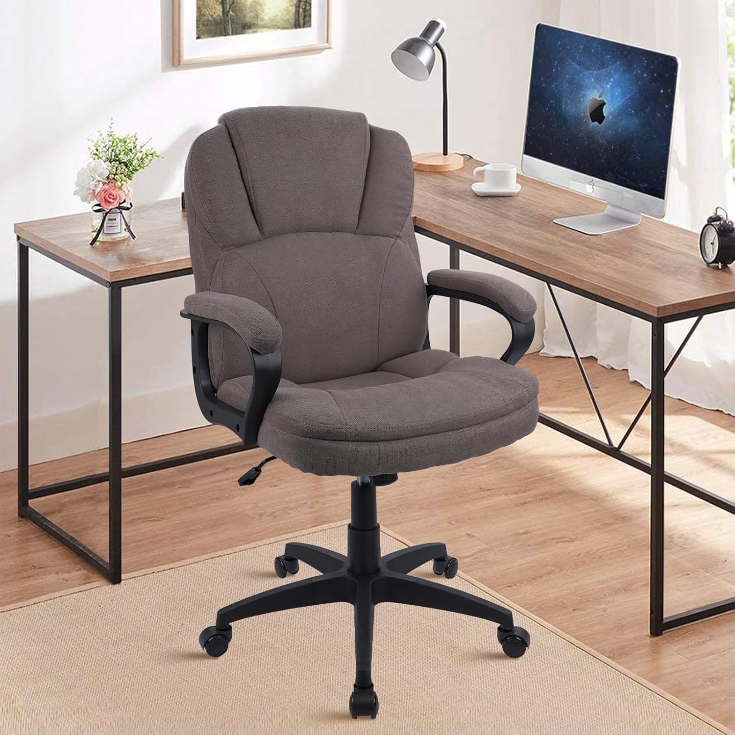 image:imageCLATINA Brown Cloth Office Chair Fabric Covered Desk Chair Adjustable Height Swivel Chairs Ergonomic Executive Chair with Arms and Wheels Comfortable Upholstered 350 LBSBrown