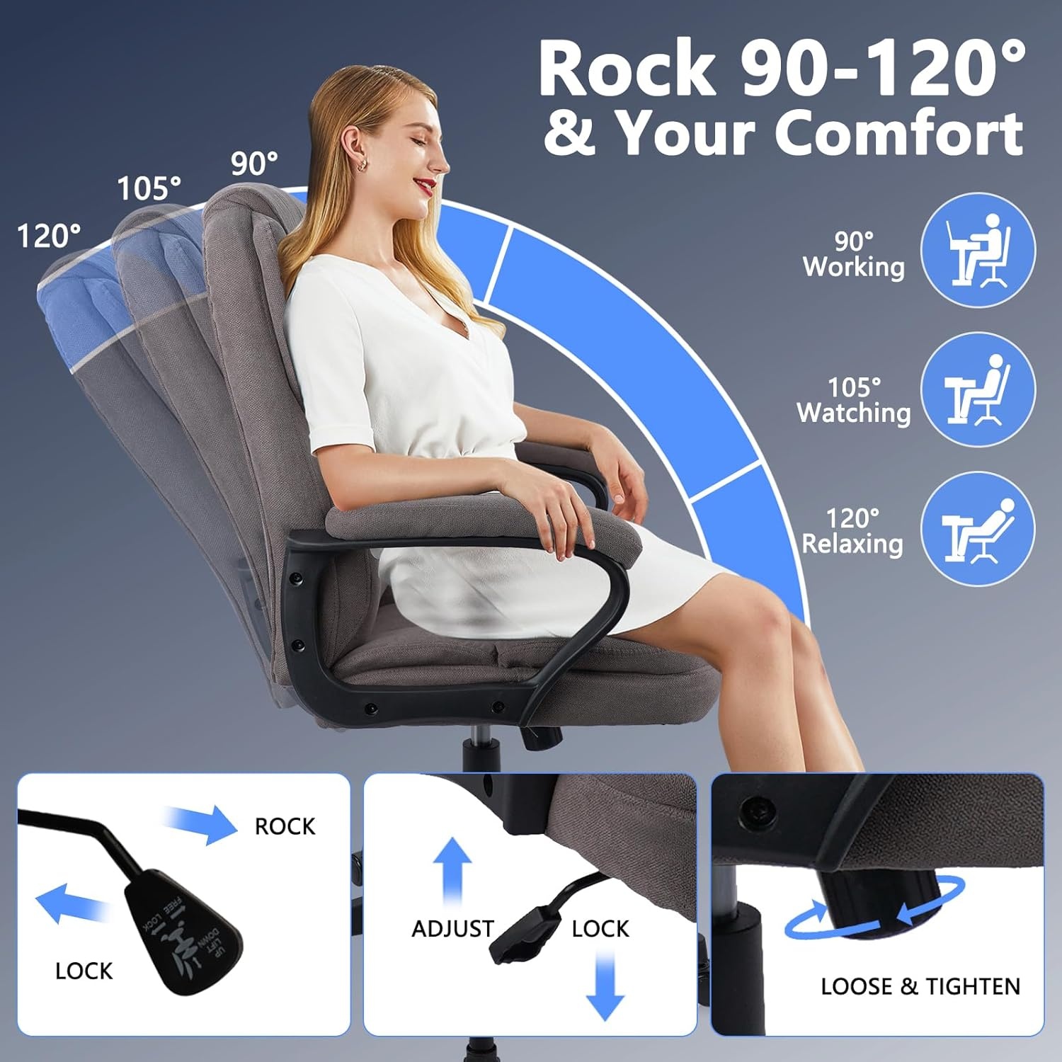 image:imageCLATINA Brown Cloth Office Chair Fabric Covered Desk Chair Adjustable Height Swivel Chairs Ergonomic Executive Chair with Arms and Wheels Comfortable Upholstered 350 LBSBrown
