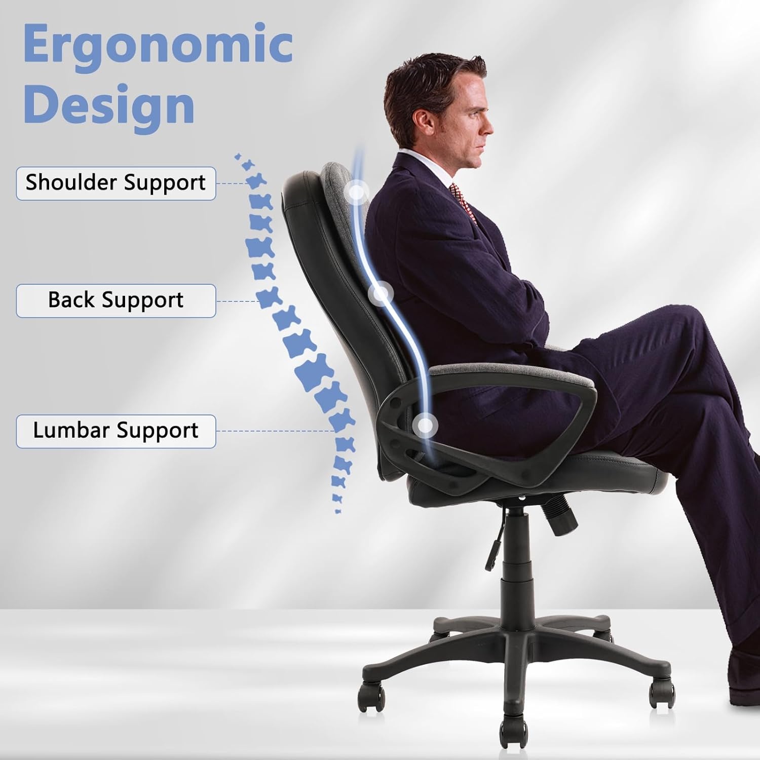 image:imageCLATINA Brown Cloth Office Chair Fabric Covered Desk Chair Adjustable Height Swivel Chairs Ergonomic Executive Chair with Arms and Wheels Comfortable Upholstered 350 LBSLight Grey