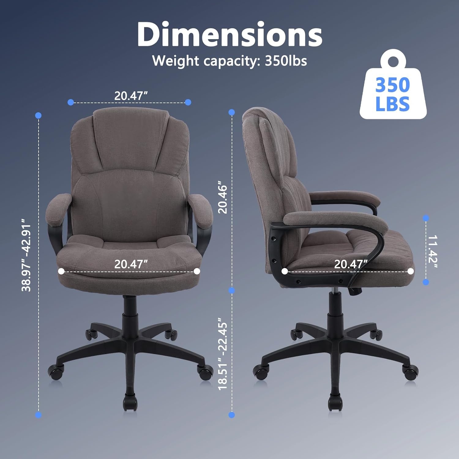 image:imageCLATINA Brown Cloth Office Chair Fabric Covered Desk Chair Adjustable Height Swivel Chairs Ergonomic Executive Chair with Arms and Wheels Comfortable Upholstered 350 LBSBrown