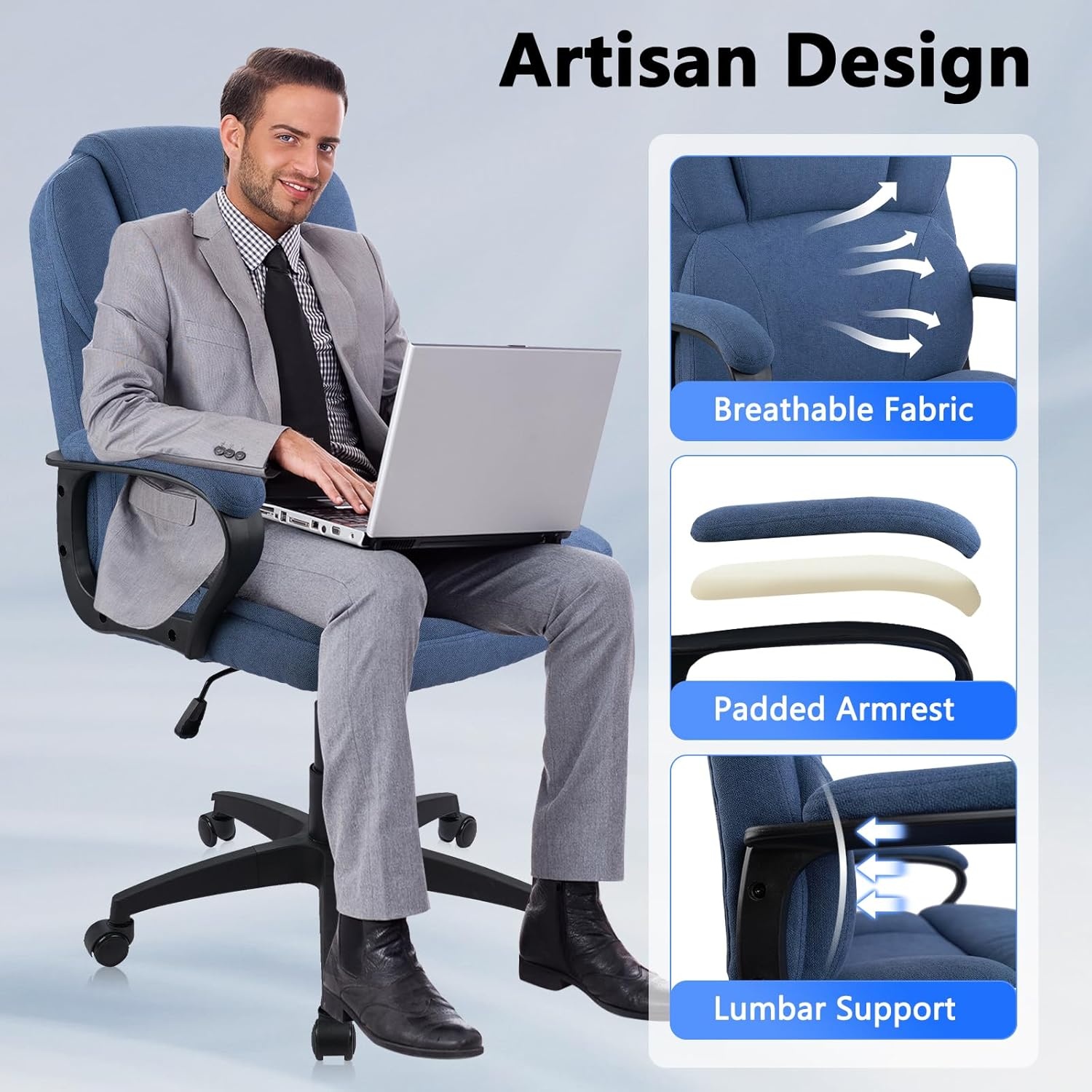 image:imageCLATINA Brown Cloth Office Chair Fabric Covered Desk Chair Adjustable Height Swivel Chairs Ergonomic Executive Chair with Arms and Wheels Comfortable Upholstered 350 LBSBlue
