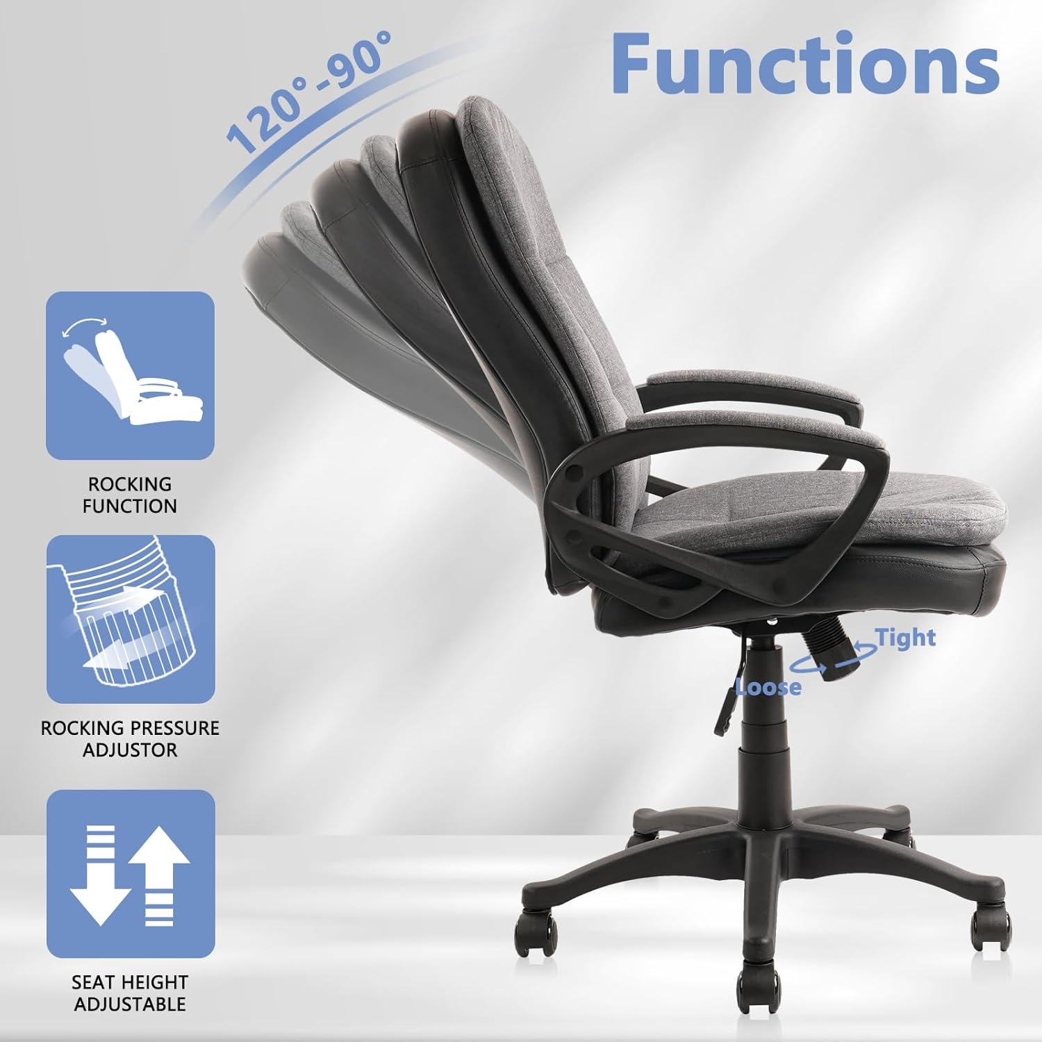 image:imageCLATINA Brown Cloth Office Chair Fabric Covered Desk Chair Adjustable Height Swivel Chairs Ergonomic Executive Chair with Arms and Wheels Comfortable Upholstered 350 LBSLight Grey