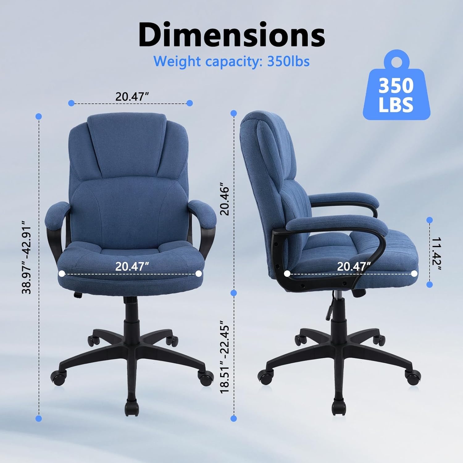 image:imageCLATINA Brown Cloth Office Chair Fabric Covered Desk Chair Adjustable Height Swivel Chairs Ergonomic Executive Chair with Arms and Wheels Comfortable Upholstered 350 LBSBlue