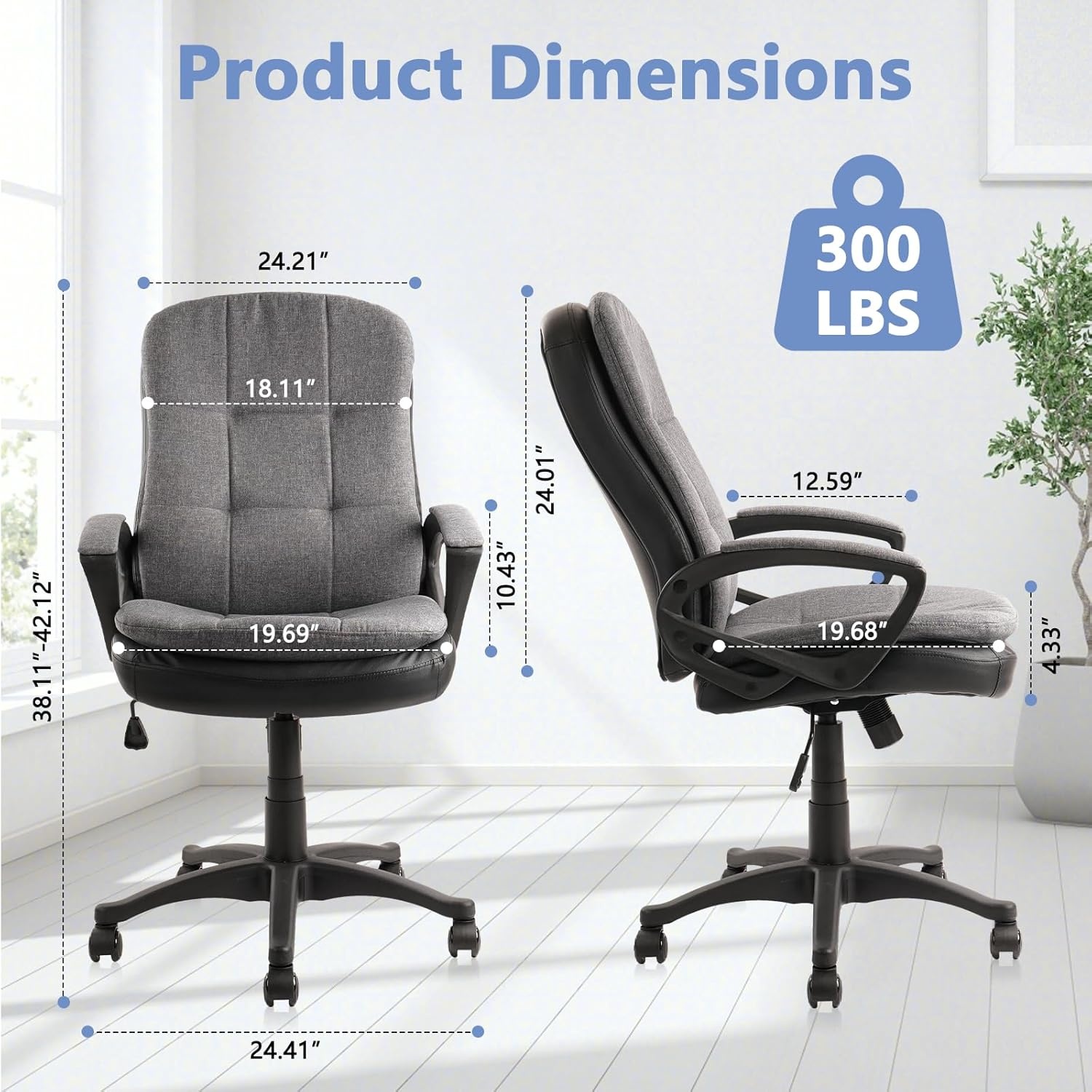 image:imageCLATINA Brown Cloth Office Chair Fabric Covered Desk Chair Adjustable Height Swivel Chairs Ergonomic Executive Chair with Arms and Wheels Comfortable Upholstered 350 LBSLight Grey