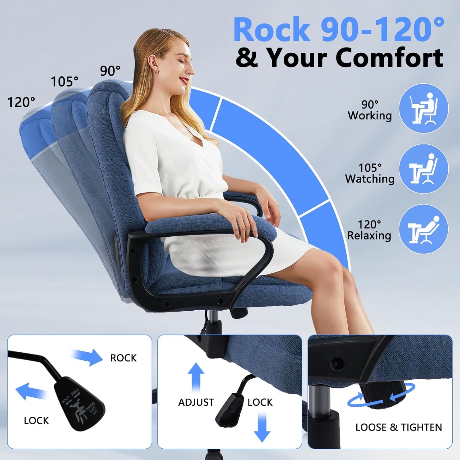 image:imageCLATINA Brown Cloth Office Chair Fabric Covered Desk Chair Adjustable Height Swivel Chairs Ergonomic Executive Chair with Arms and Wheels Comfortable Upholstered 350 LBSBlue