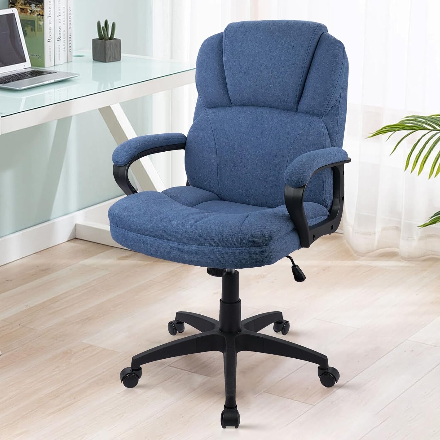 image:imageCLATINA Brown Cloth Office Chair Fabric Covered Desk Chair Adjustable Height Swivel Chairs Ergonomic Executive Chair with Arms and Wheels Comfortable Upholstered 350 LBSBlue