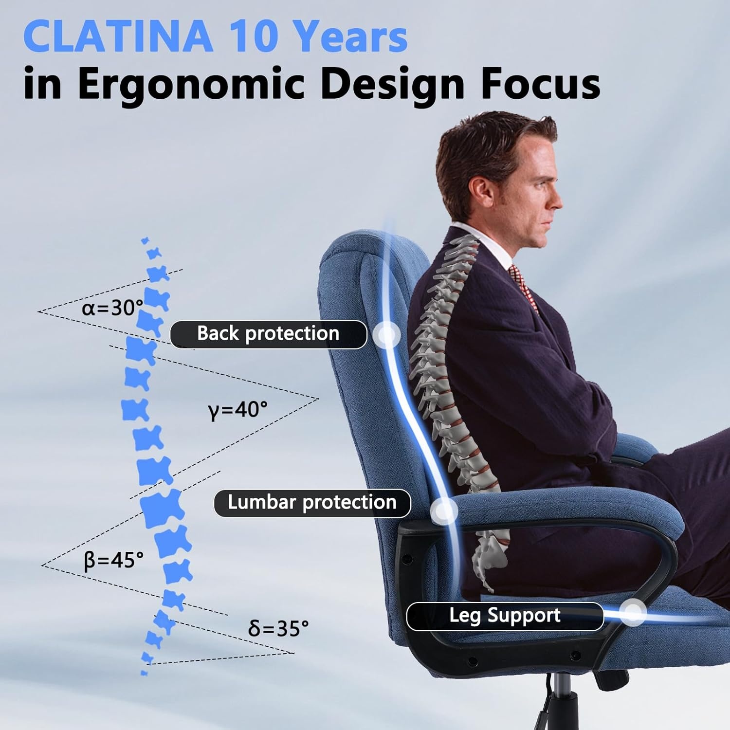 image:imageCLATINA Brown Cloth Office Chair Fabric Covered Desk Chair Adjustable Height Swivel Chairs Ergonomic Executive Chair with Arms and Wheels Comfortable Upholstered 350 LBSBlue