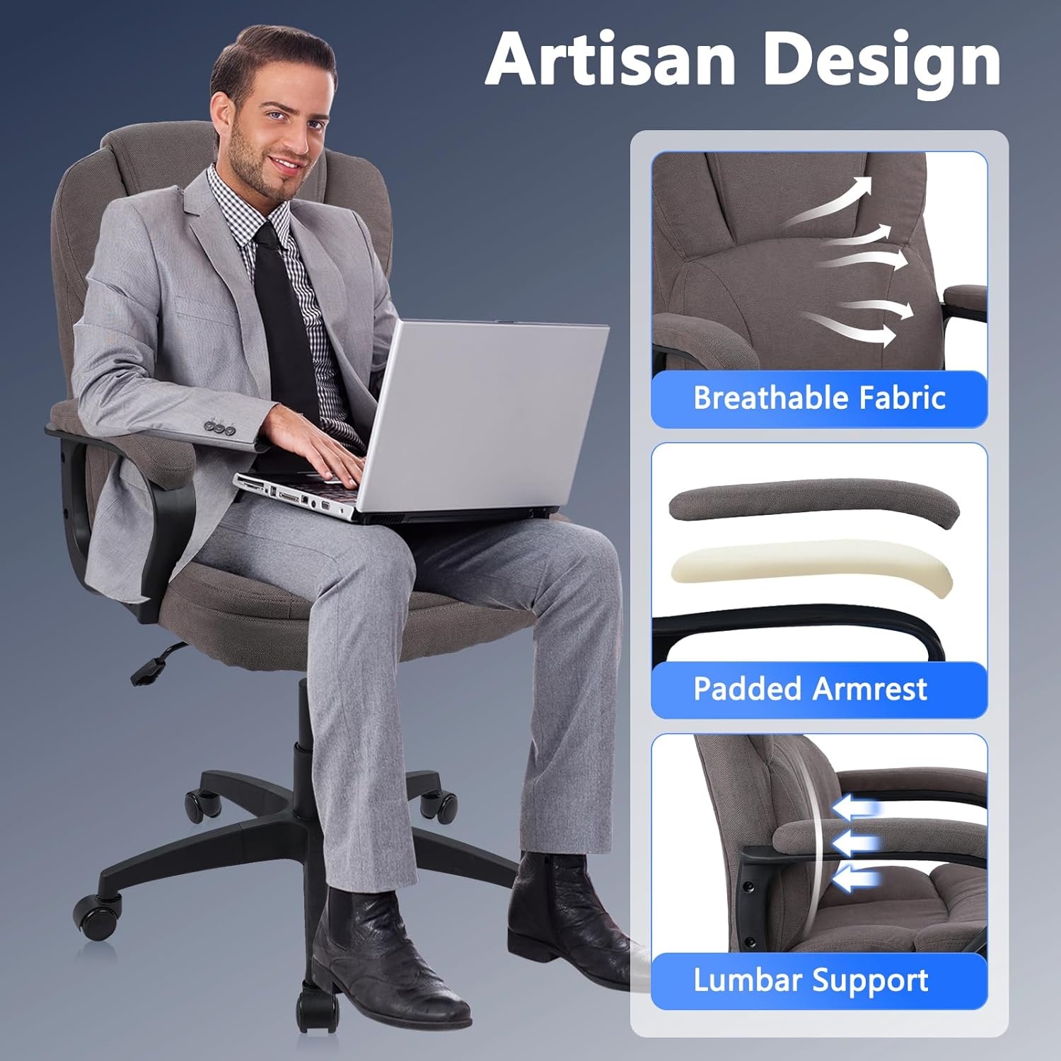 image:imageCLATINA Brown Cloth Office Chair Fabric Covered Desk Chair Adjustable Height Swivel Chairs Ergonomic Executive Chair with Arms and Wheels Comfortable Upholstered 350 LBSBrown