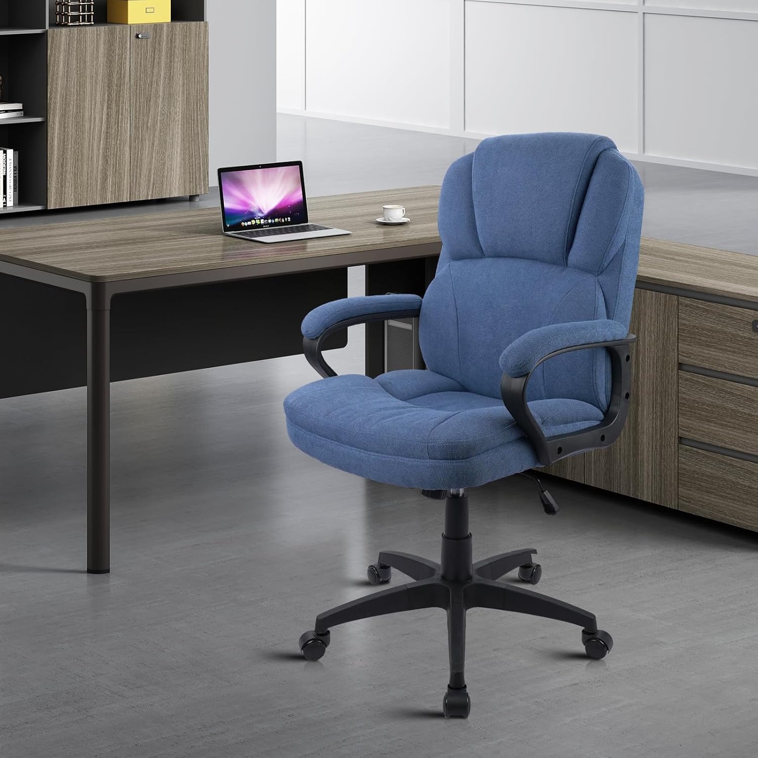 image:imageCLATINA Brown Cloth Office Chair Fabric Covered Desk Chair Adjustable Height Swivel Chairs Ergonomic Executive Chair with Arms and Wheels Comfortable Upholstered 350 LBSBlue