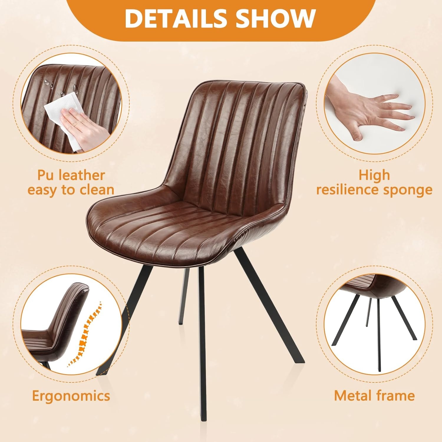 image:imageCLATINA Dining Chair Set of 2 PU Leather Kitchen Living Dining Room Chair with Sturdy Metal Legs Modern Armless Upholstered Comfortable Accent Side Chairs with Thick Cushion Easy Assembly Brown