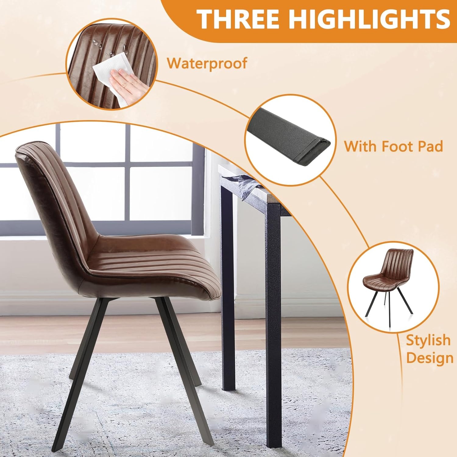 image:imageCLATINA Dining Chair Set of 2 PU Leather Kitchen Living Dining Room Chair with Sturdy Metal Legs Modern Armless Upholstered Comfortable Accent Side Chairs with Thick Cushion Easy Assembly Brown