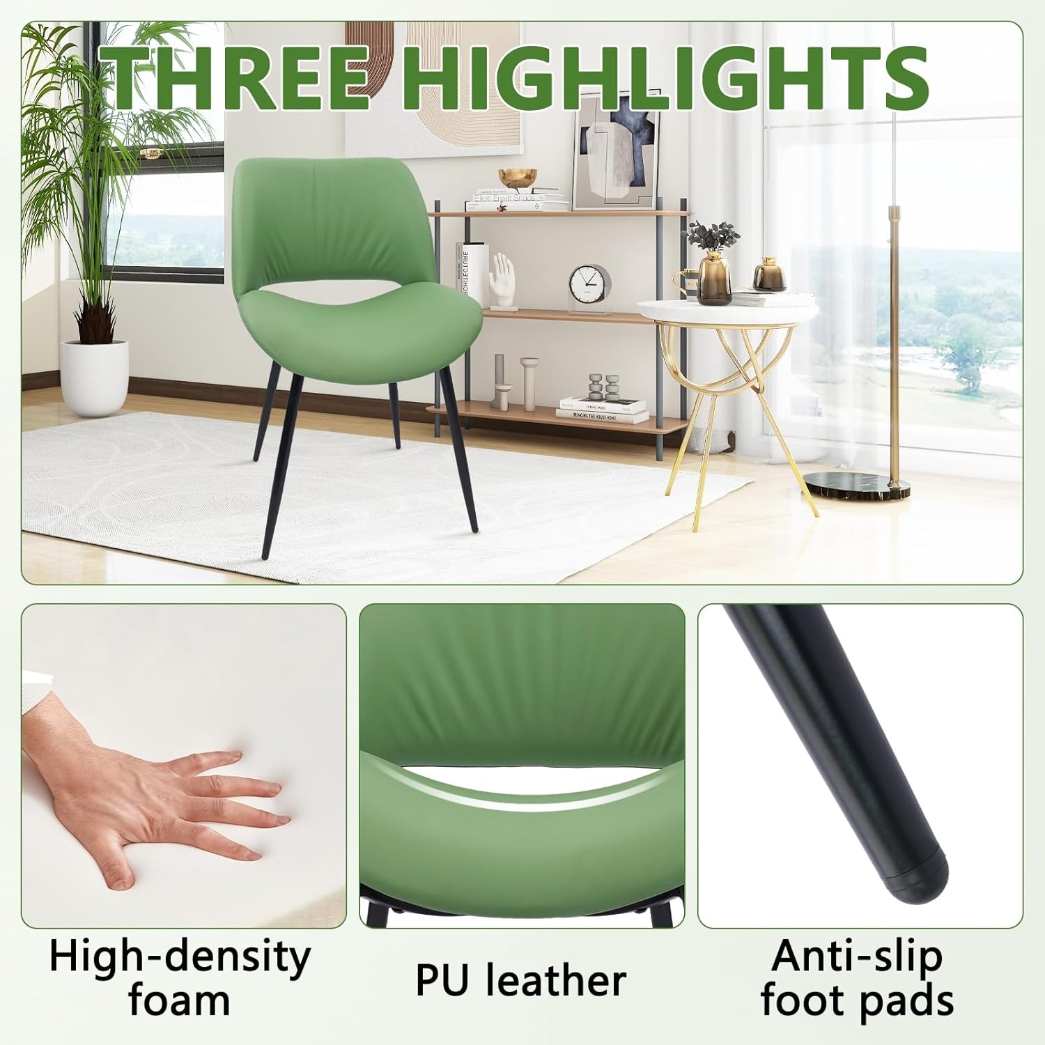 image:imageCLATINA Dining Chair Set of 2 PU Leather Kitchen Living Dining Room Chair with Sturdy Metal Legs Modern Armless Upholstered Comfortable Accent Side Chairs with Thick Cushion Easy Assembly Green