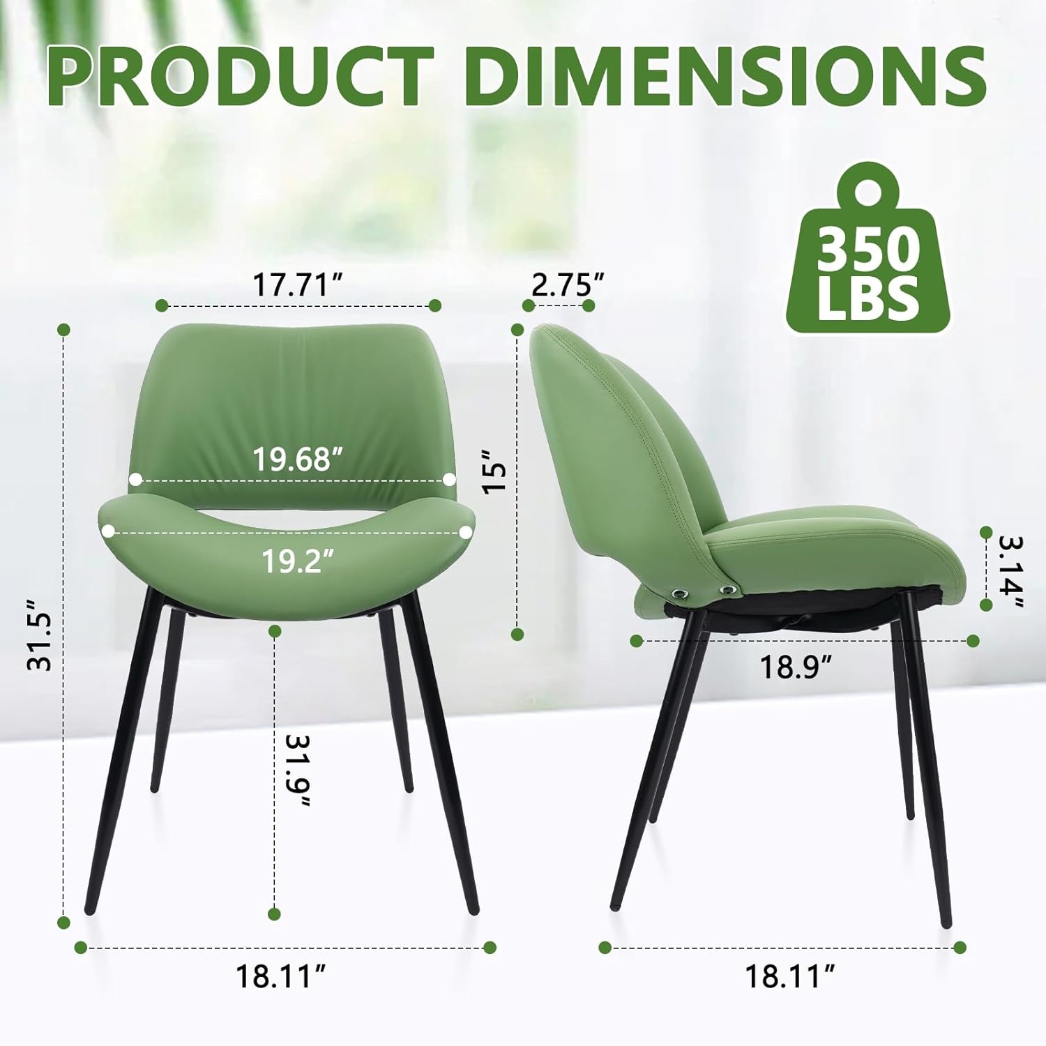 image:imageCLATINA Dining Chair Set of 2 PU Leather Kitchen Living Dining Room Chair with Sturdy Metal Legs Modern Armless Upholstered Comfortable Accent Side Chairs with Thick Cushion Easy Assembly Green