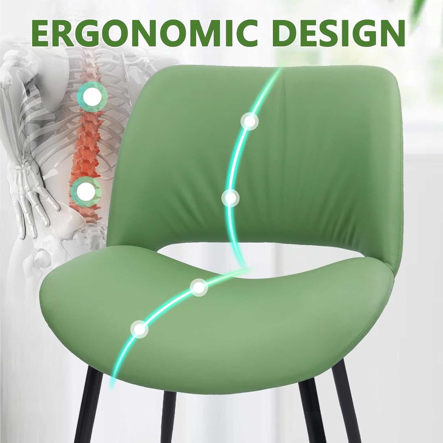 image:imageCLATINA Dining Chair Set of 2 PU Leather Kitchen Living Dining Room Chair with Sturdy Metal Legs Modern Armless Upholstered Comfortable Accent Side Chairs with Thick Cushion Easy Assembly Green