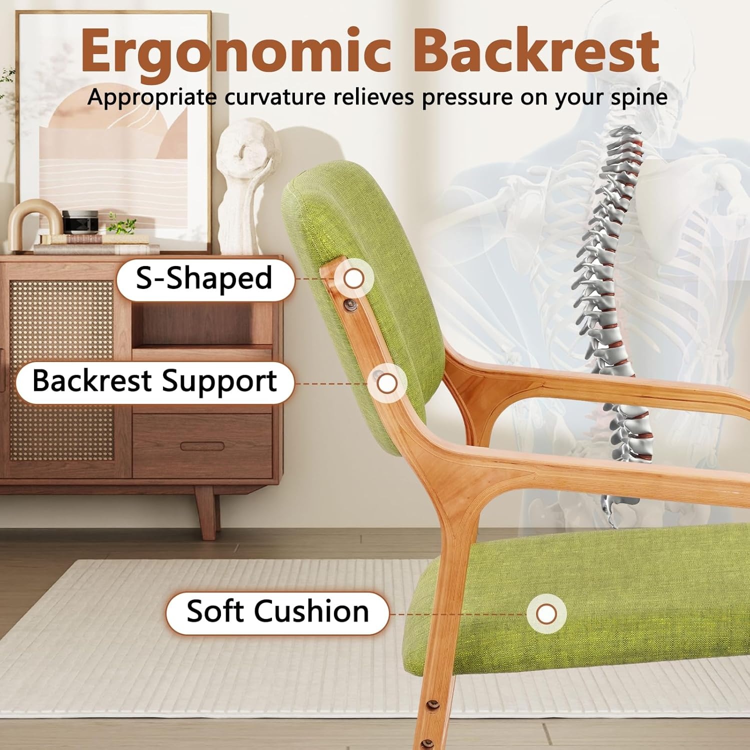 image:imageCLATINA Dining Chairs Modern Fabric Upholstered Kitchen Side Chair Ergonomic Padded Cushion Backrest Wood Accent Chair Farmhouse Dinner Chair for Kitchen Dining Room Blue