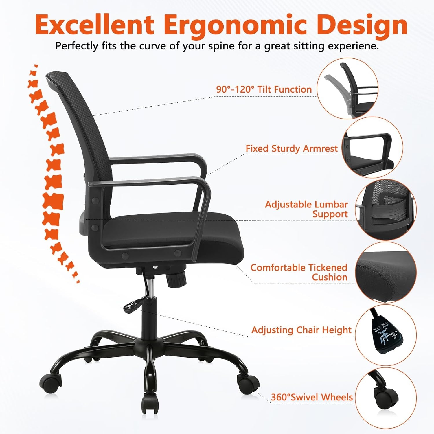 image:imageCLATINA Ergonomic Rolling Mesh Desk Chair with Executive Lumbar Support and Adjustable Swivel Design for Home Office Computer Black 2 PackBlack