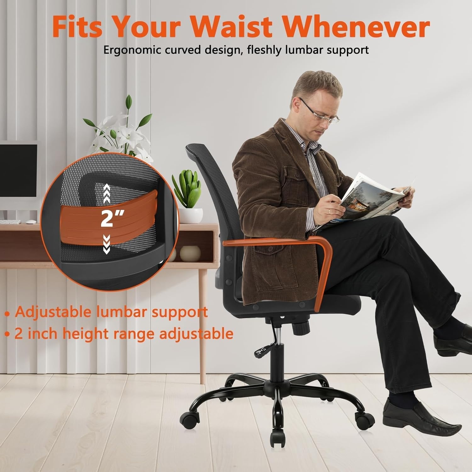 image:imageCLATINA Ergonomic Rolling Mesh Desk Chair with Executive Lumbar Support and Adjustable Swivel Design for Home Office Computer Black 2 PackBlack