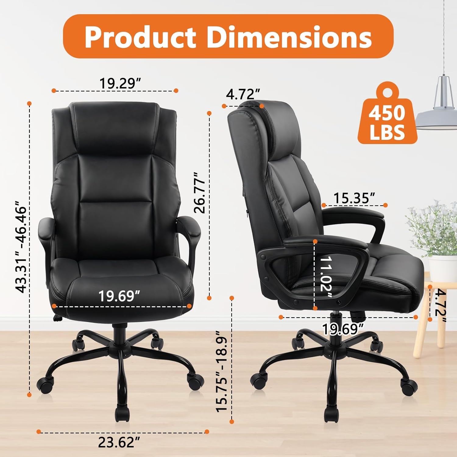 image:imageCLATINA Executive Office Chair Big and Tall Leather Ergonomic Desk Chair with Lumbar Support and Padded Armrestes Adjustable Heigh Swivel Computer Task Chair with Rocking FunctionBlack 450 LBS