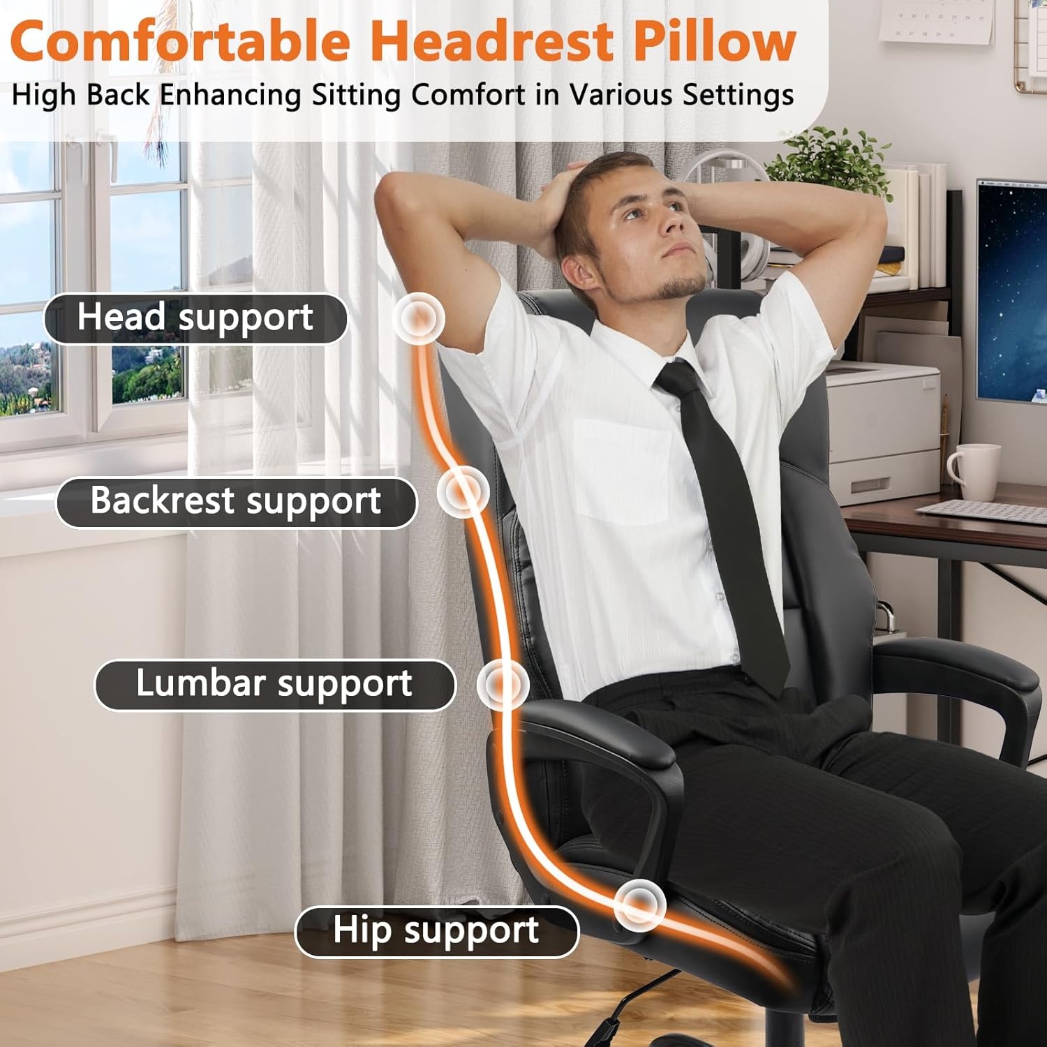 image:imageCLATINA Executive Office Chair Big and Tall Leather Ergonomic Desk Chair with Lumbar Support and Padded Armrestes Adjustable Heigh Swivel Computer Task Chair with Rocking FunctionBlack 450 LBS