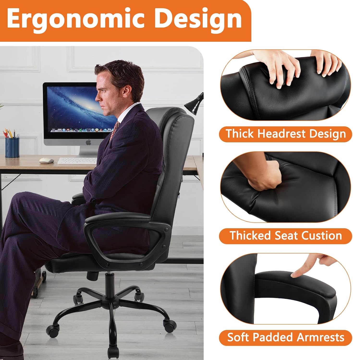 image:imageCLATINA Executive Office Chair Big and Tall Leather Ergonomic Desk Chair with Lumbar Support and Padded Armrestes Adjustable Heigh Swivel Computer Task Chair with Rocking FunctionBlack 450 LBS