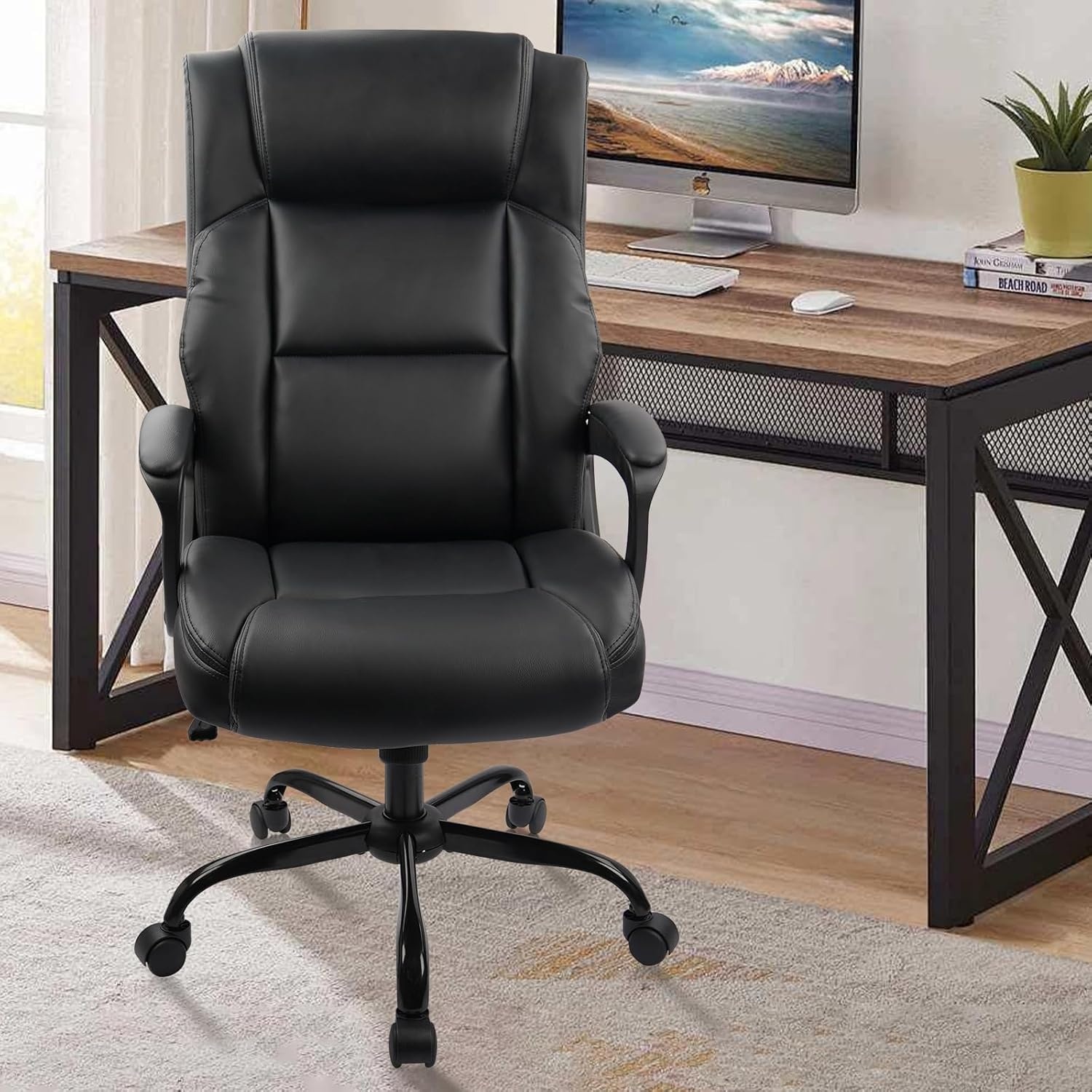 image:imageCLATINA Executive Office Chair Big and Tall Leather Ergonomic Desk Chair with Lumbar Support and Padded Armrestes Adjustable Heigh Swivel Computer Task Chair with Rocking FunctionBlack 450 LBS